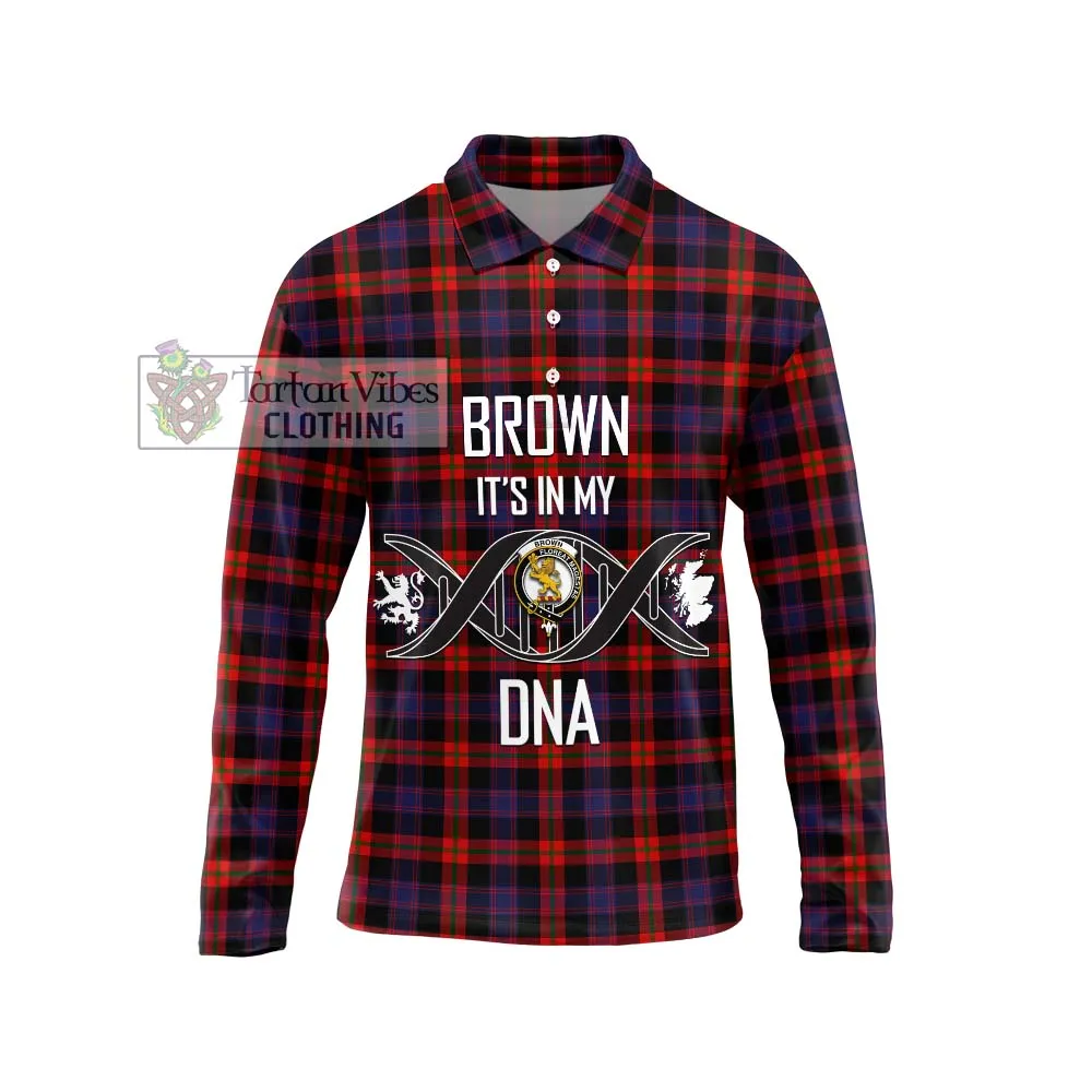 Brown (Broun) Tartan Long Sleeve Polo Shirt with Family Crest DNA In Me Style