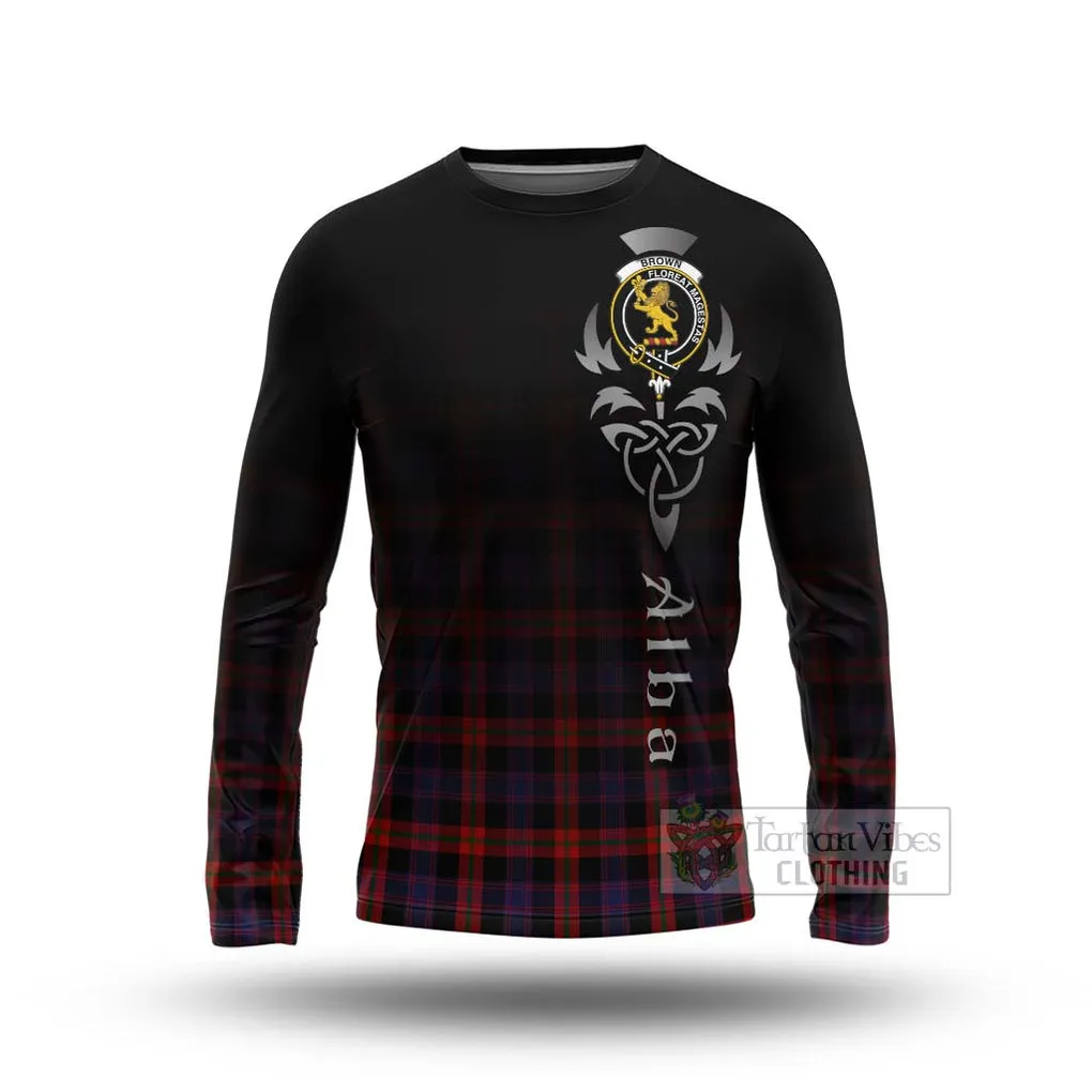 Brown (Broun) Tartan Long Sleeve T-Shirt Featuring Alba Gu Brath Family Crest Celtic Inspired