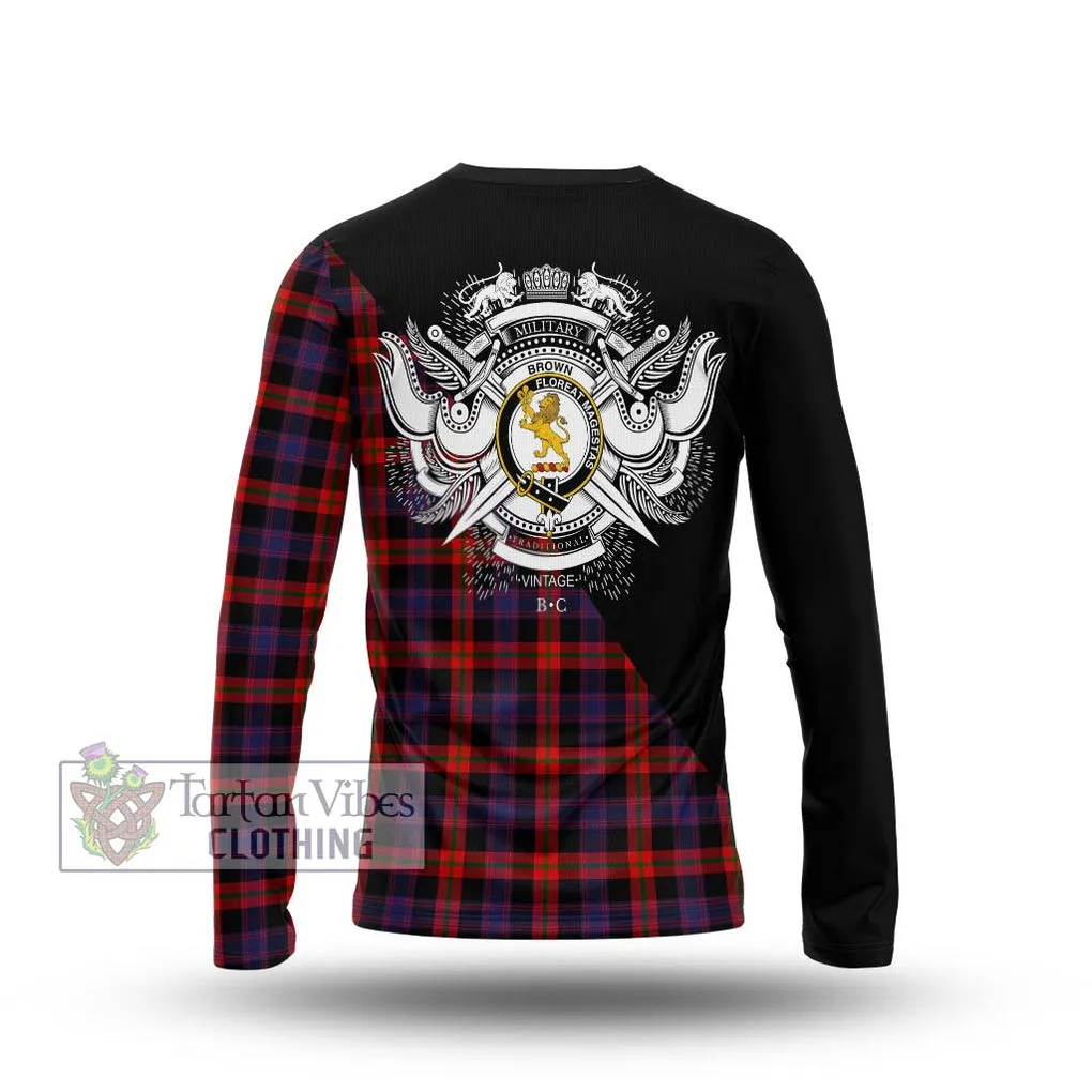 Brown (Broun) Tartan Long Sleeve T-Shirt with Family Crest and Military Logo Style