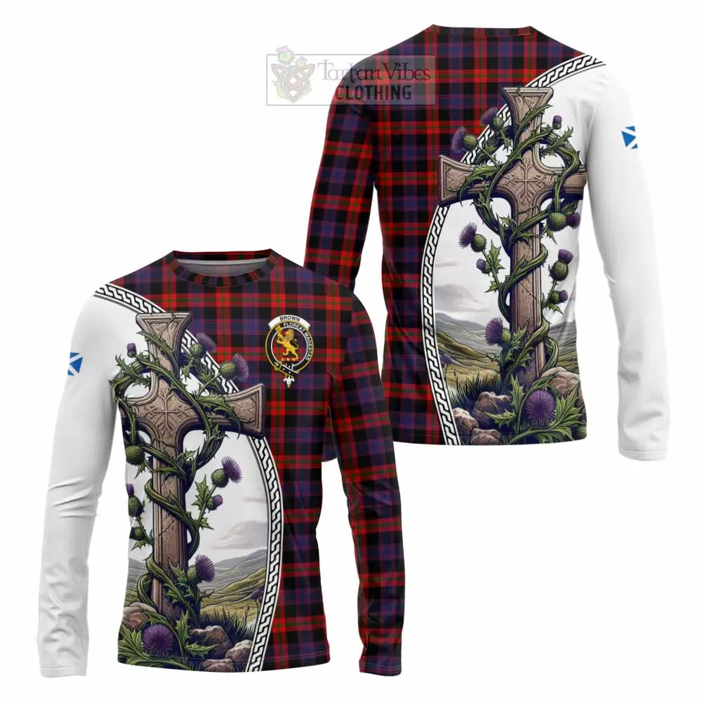 Brown (Broun) Tartan Long Sleeve T-Shirt with Family Crest and St. Andrew's Cross Accented by Thistle Vines