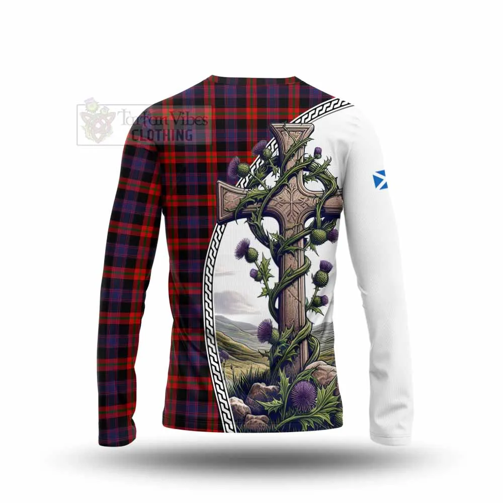 Brown (Broun) Tartan Long Sleeve T-Shirt with Family Crest and St. Andrew's Cross Accented by Thistle Vines