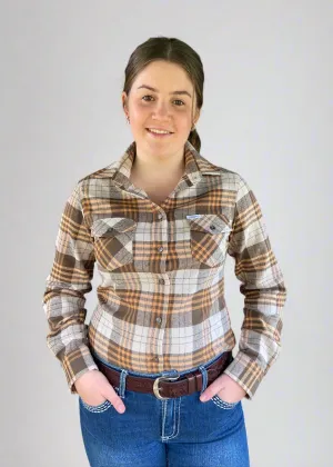 Brown Flannelette - Full Button Ladies Long Sleeve Shirt