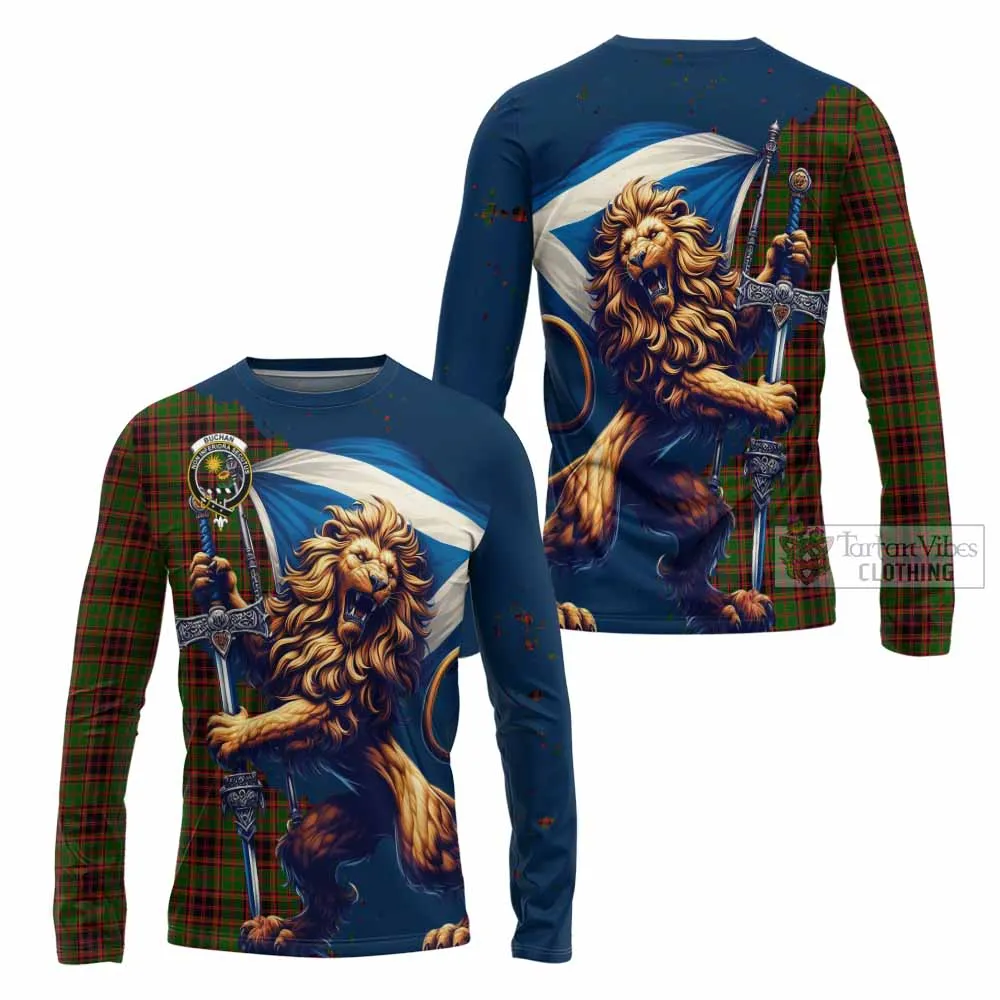 Buchan Tartan Family Crest Long Sleeve T-Shirt with Scottish Majestic Lion