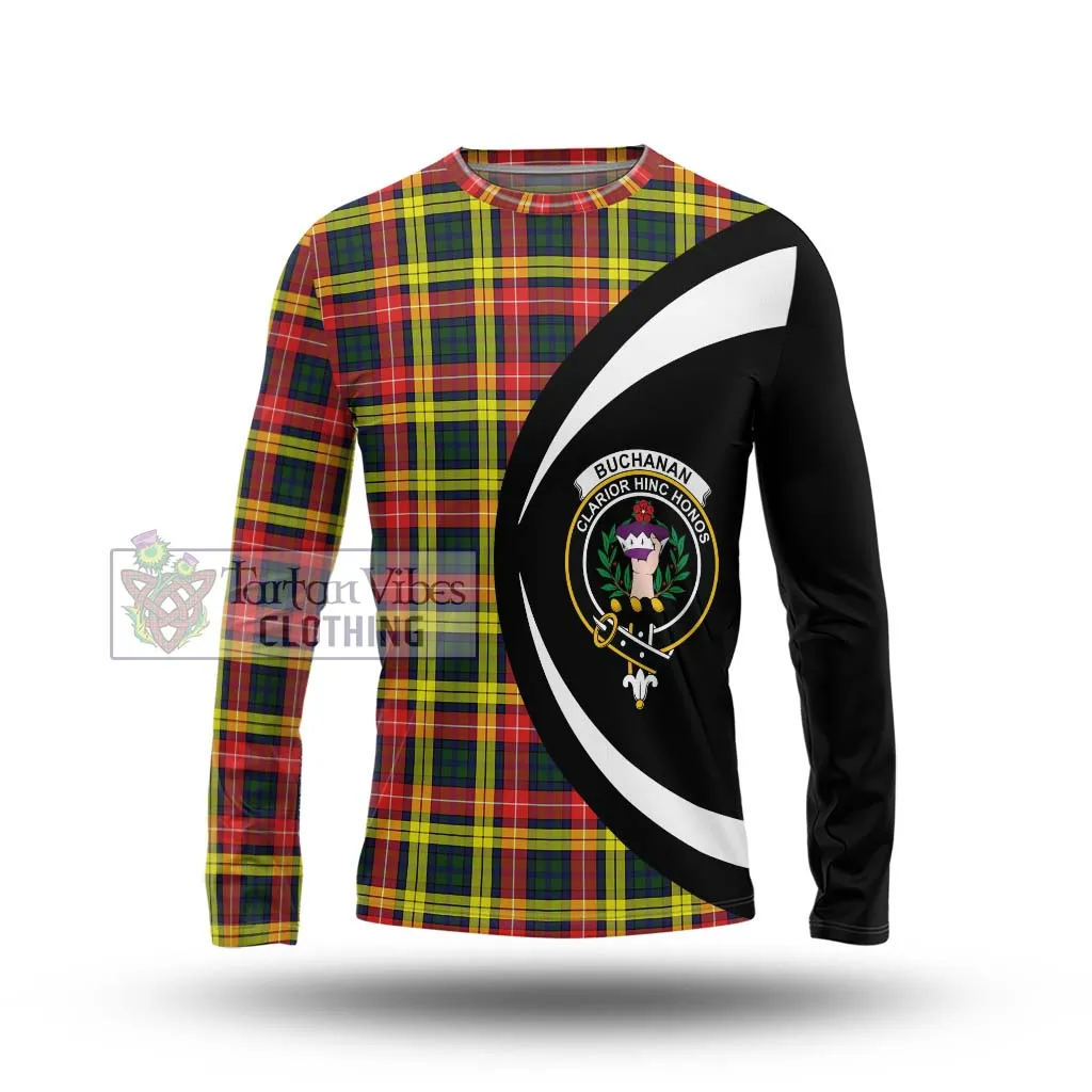 Buchanan Modern Tartan Long Sleeve T-Shirt with Family Crest Circle Style