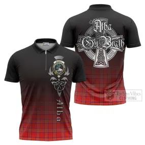 Burnett Tartan Zipper Polo Shirt Featuring Alba Gu Brath Family Crest Celtic Inspired