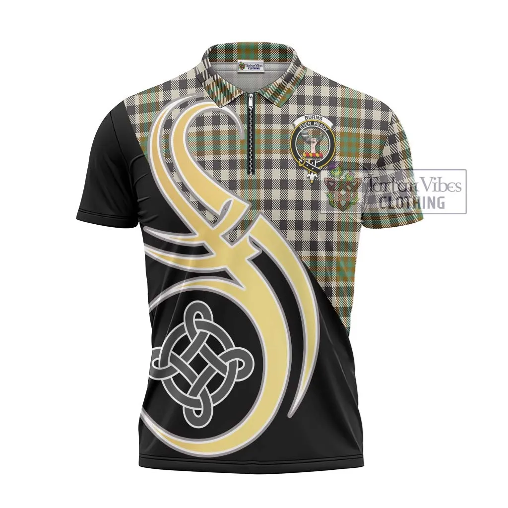 Burns Check Tartan Zipper Polo Shirt with Family Crest and Celtic Symbol Style