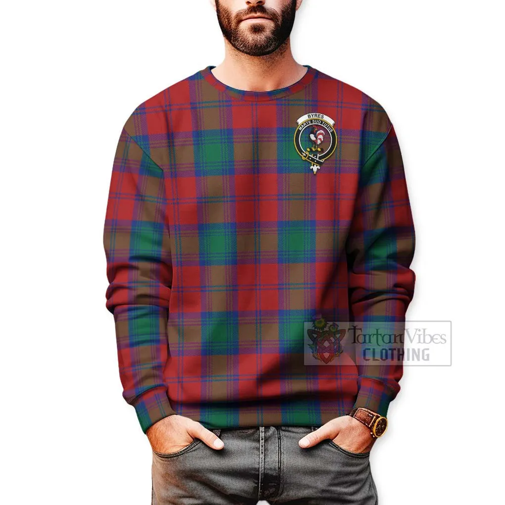 Byres (Byses) Tartan Sweatshirt with Family Crest and Bearded Skull Holding Bottles of Whiskey