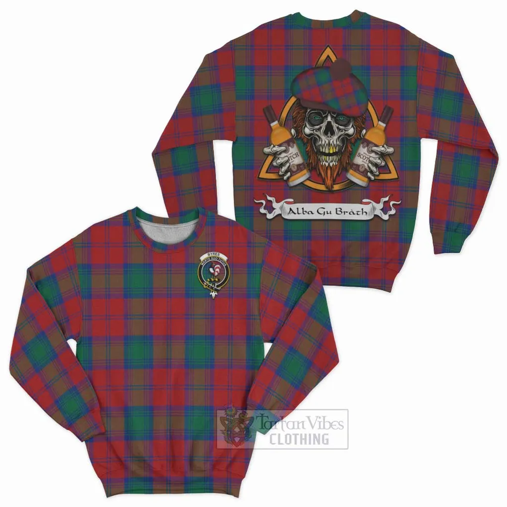 Byres (Byses) Tartan Sweatshirt with Family Crest and Bearded Skull Holding Bottles of Whiskey