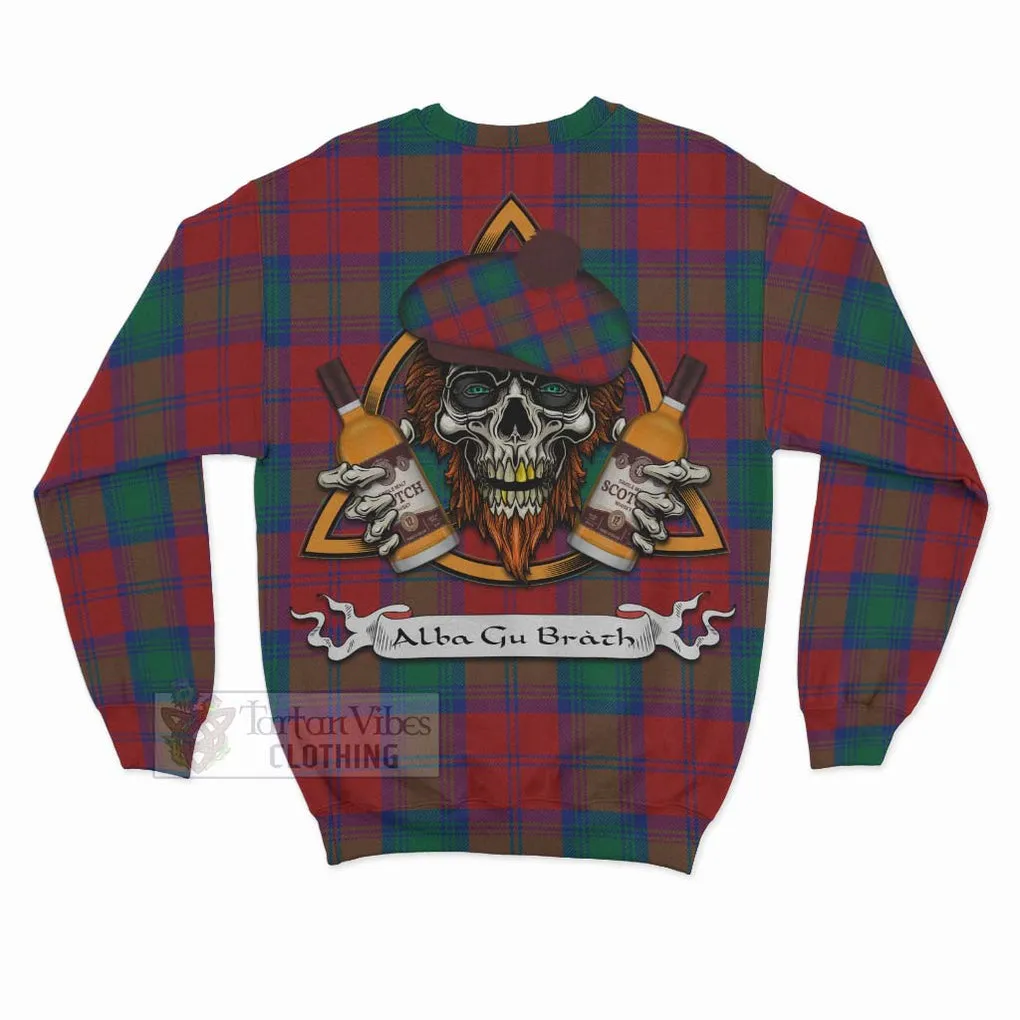 Byres (Byses) Tartan Sweatshirt with Family Crest and Bearded Skull Holding Bottles of Whiskey