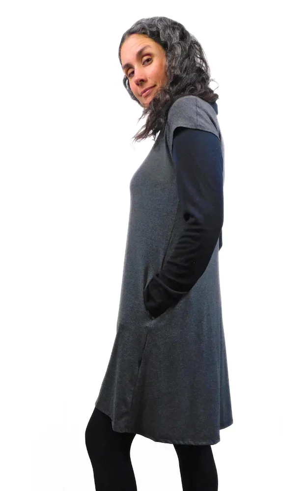 Cap Sleeve Tunic Dress w/pockets - Charcoal Bamboo