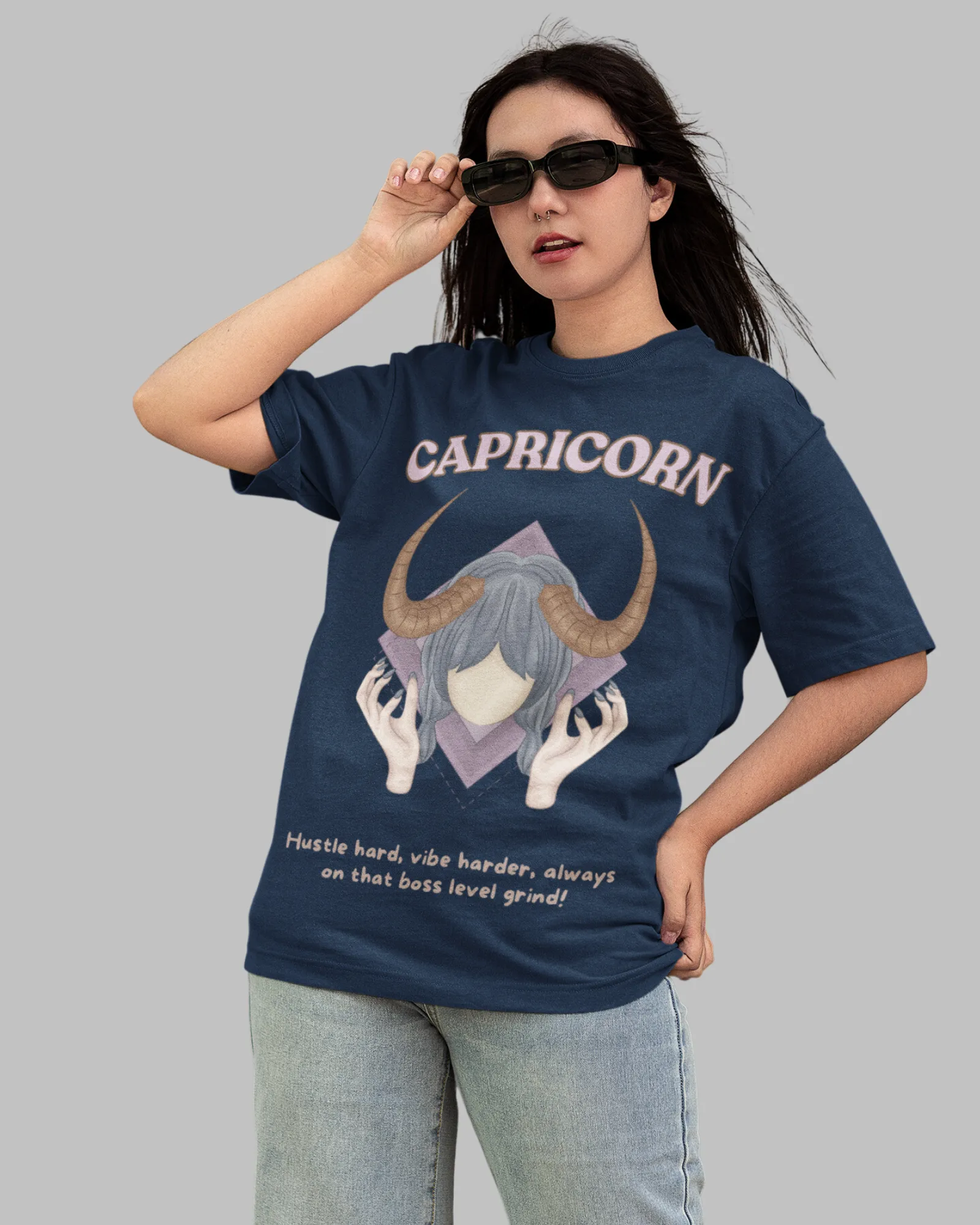 Capricorn Animated Zodiac Printed Oversized T-Shirt for Women - Navy