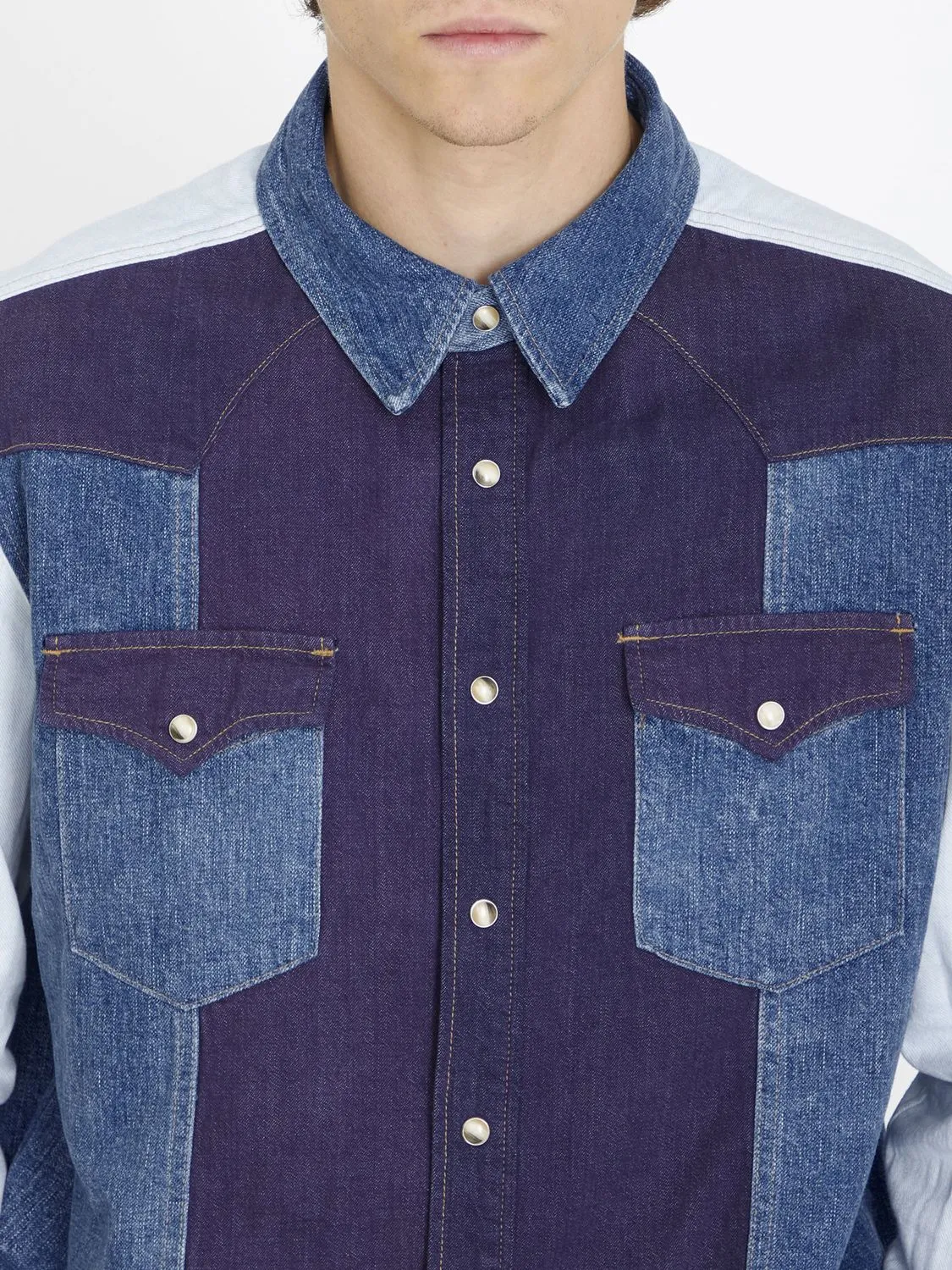 CELINE Blue Patchwork Denim Shirt for Men - Regular Fit