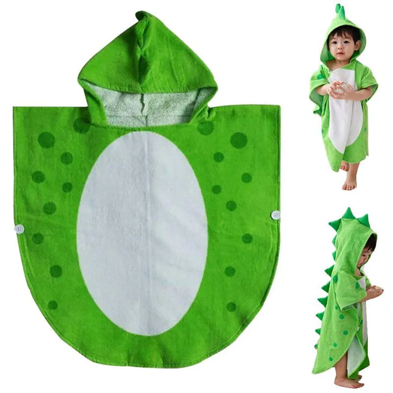 Children Bath Towel Robe Kids Hooded Beach Swimming Poncho Dinosaur Pattern(Green White 55 Cm x 110 Cm)