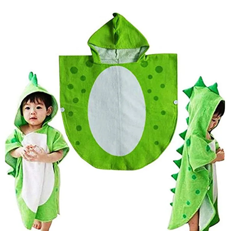 Children Bath Towel Robe Kids Hooded Beach Swimming Poncho Dinosaur Pattern(Green White 55 Cm x 110 Cm)