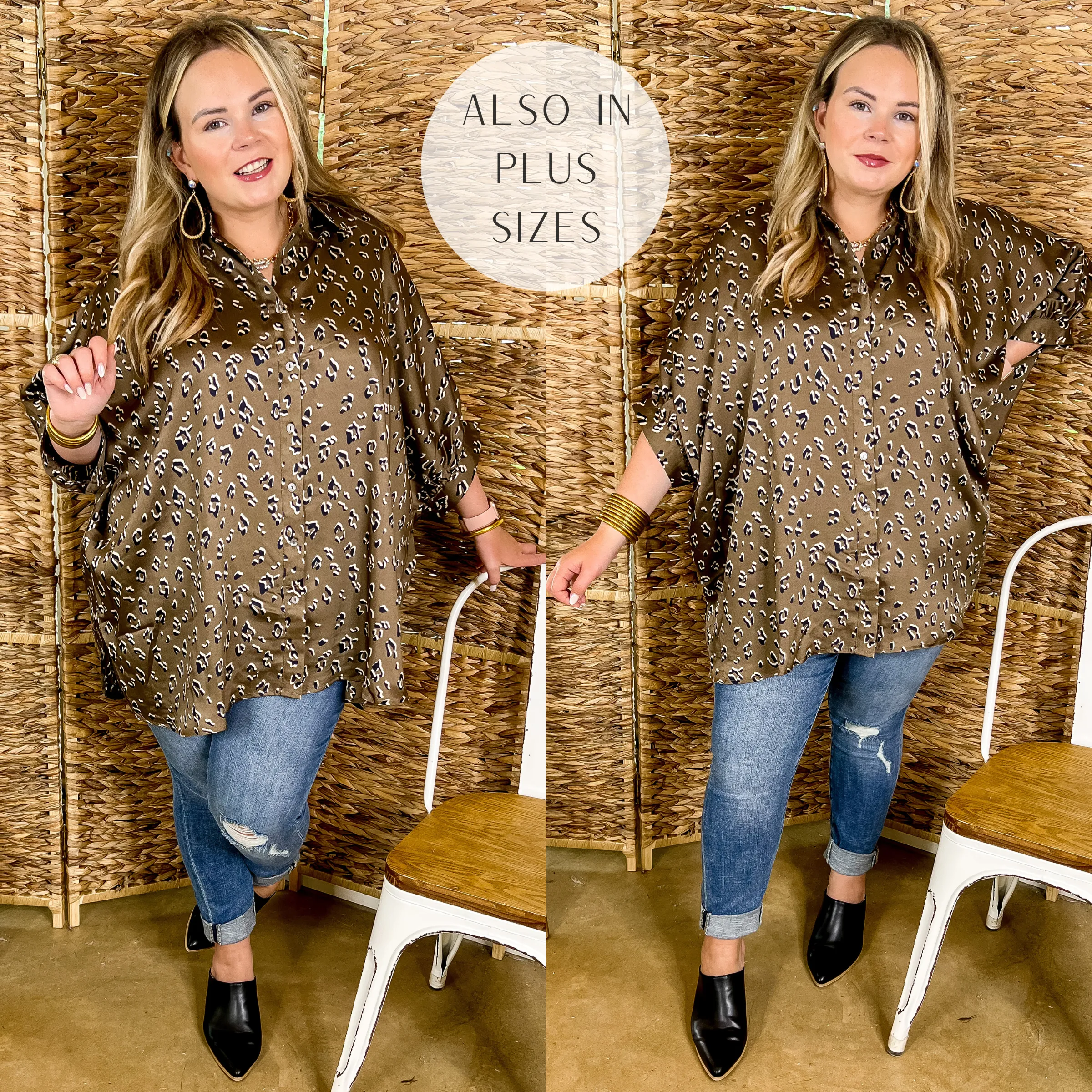 City Lifestyle Leopard Print Button Up Half Sleeve Poncho Top in Olive Green