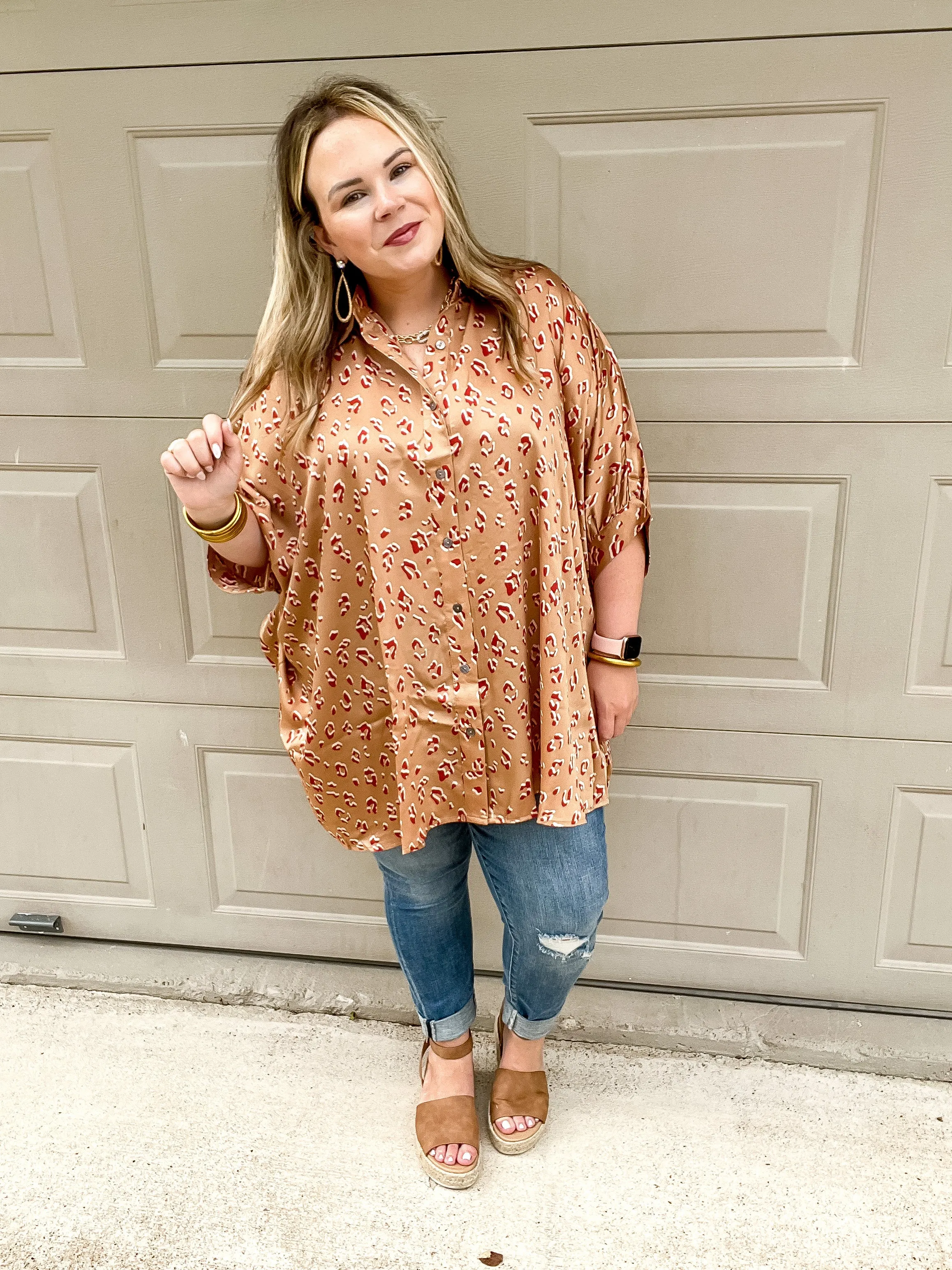 City Lifestyle Leopard Print Button Up Half Sleeve Poncho Top in Tan