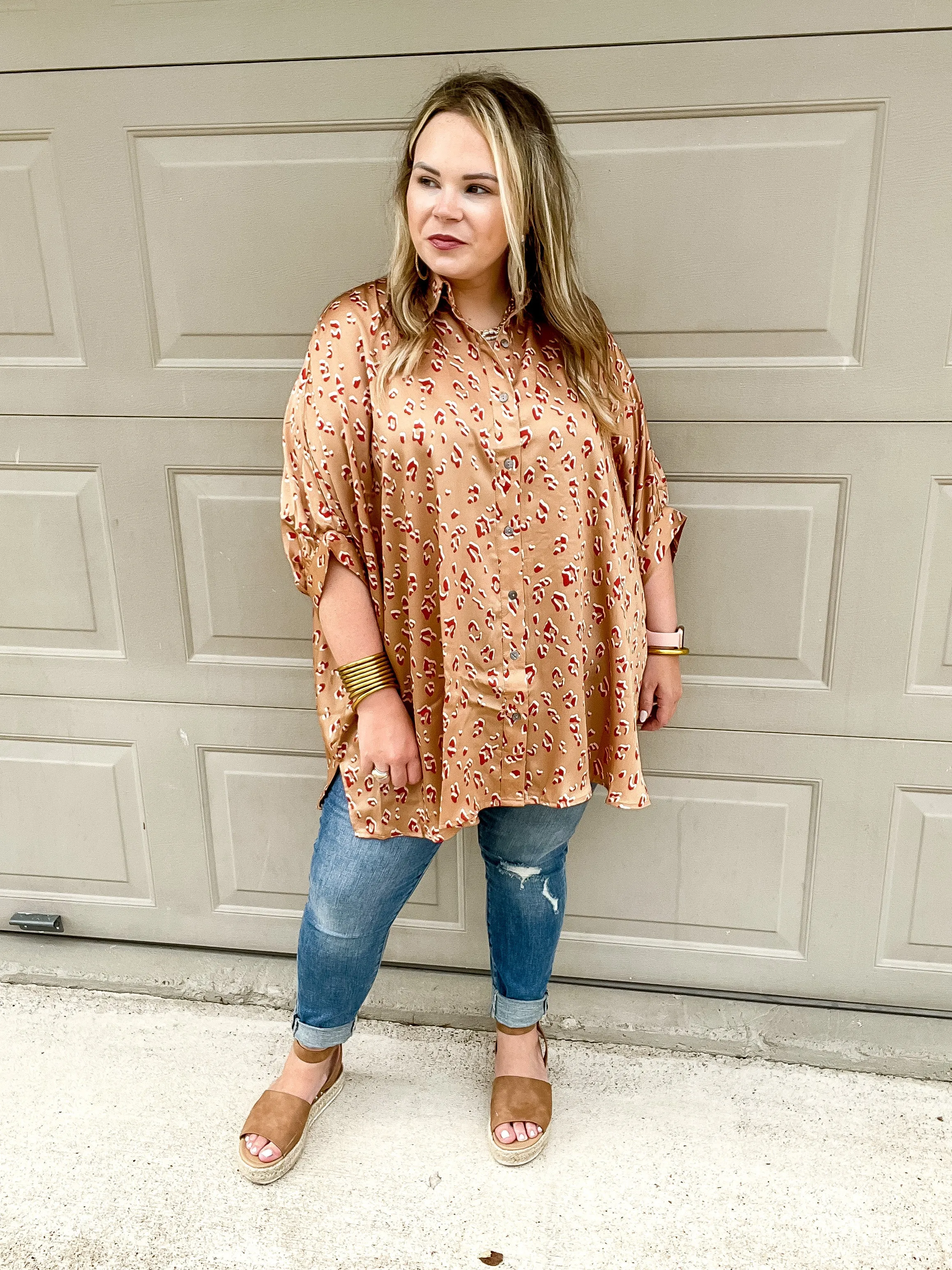 City Lifestyle Leopard Print Button Up Half Sleeve Poncho Top in Tan