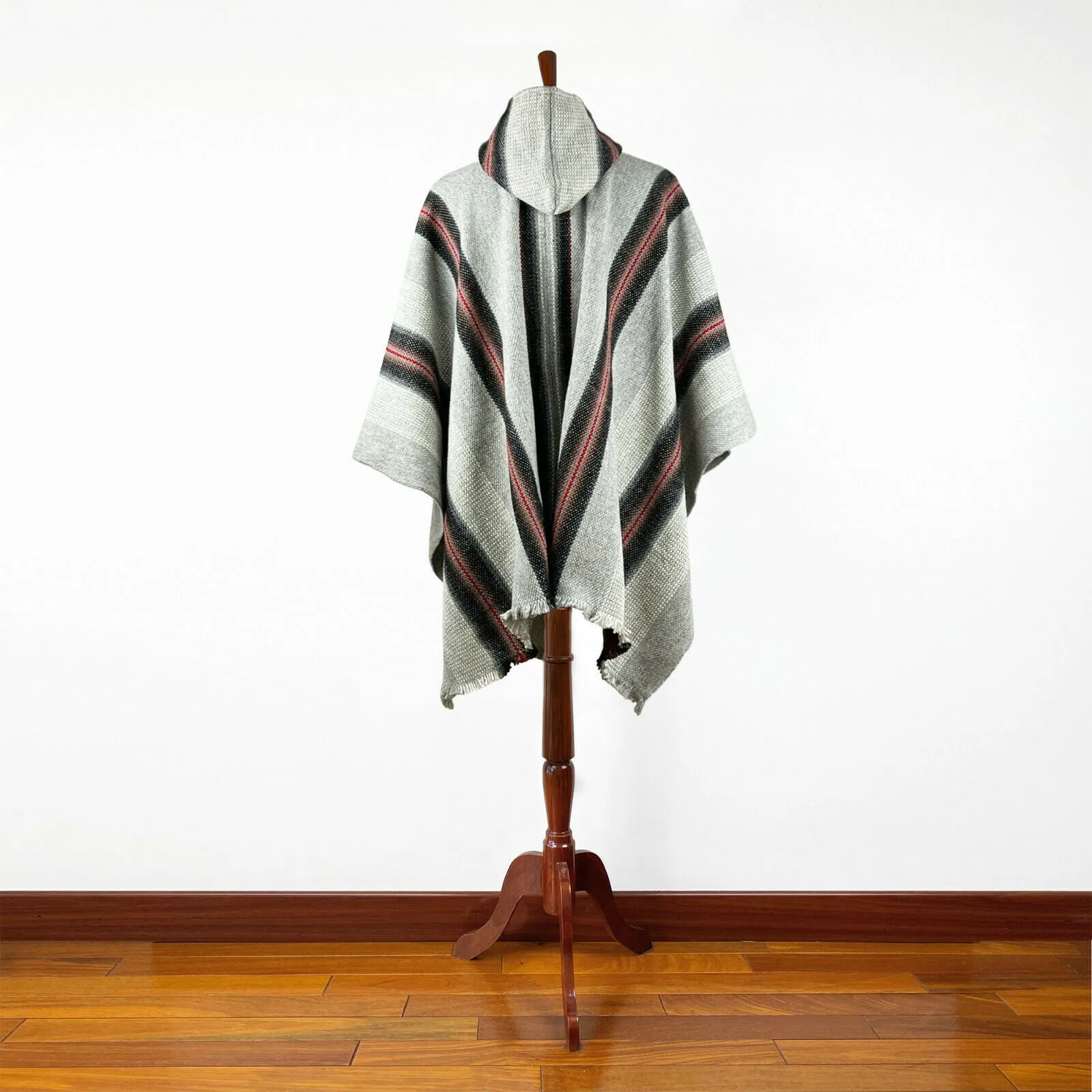 Congüime - Llama Wool Unisex South American Handwoven Thick Hooded Poncho - striped - gray