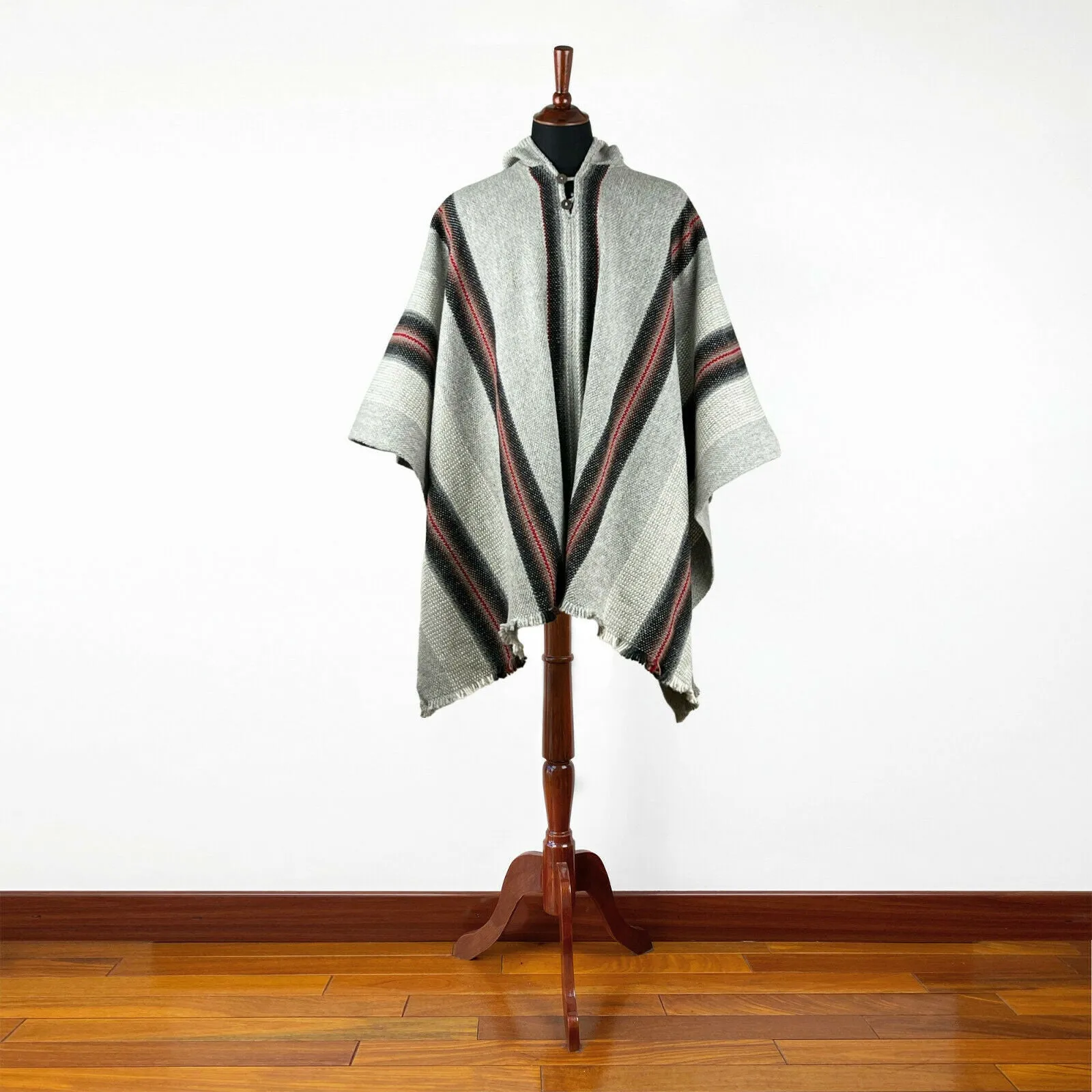 Congüime - Llama Wool Unisex South American Handwoven Thick Hooded Poncho - striped - gray