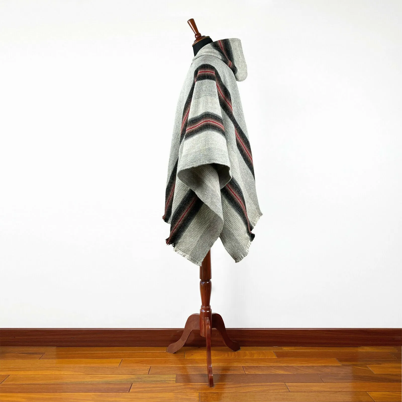 Congüime - Llama Wool Unisex South American Handwoven Thick Hooded Poncho - striped - gray