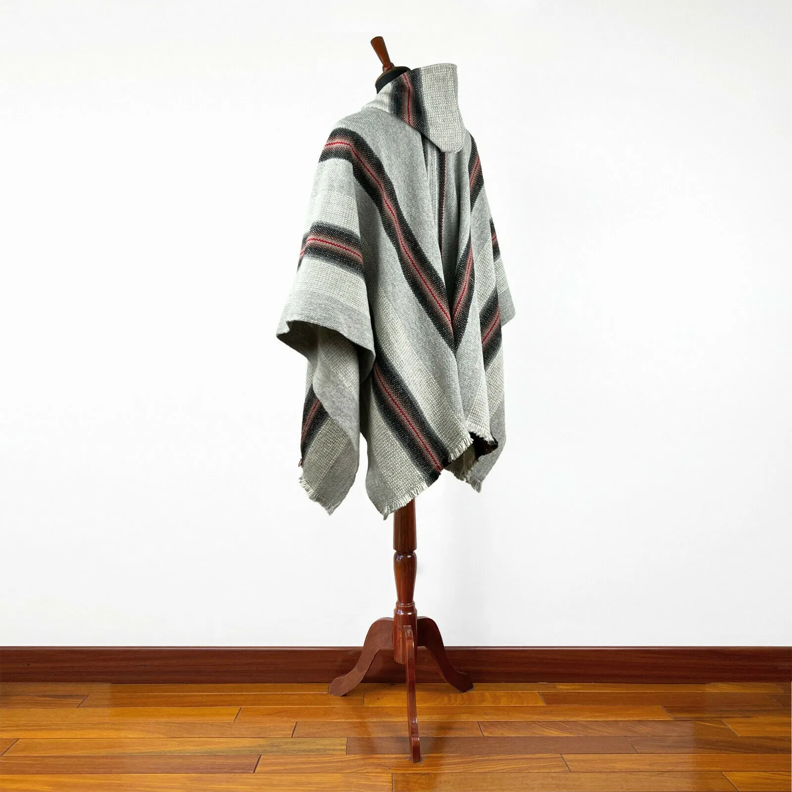 Congüime - Llama Wool Unisex South American Handwoven Thick Hooded Poncho - striped - gray