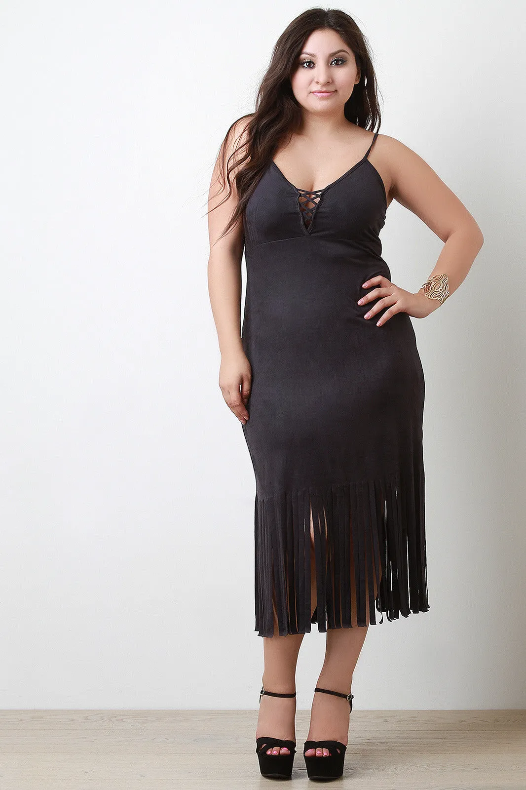 Corset Neckline Sleeveless Suede Fringe Dress