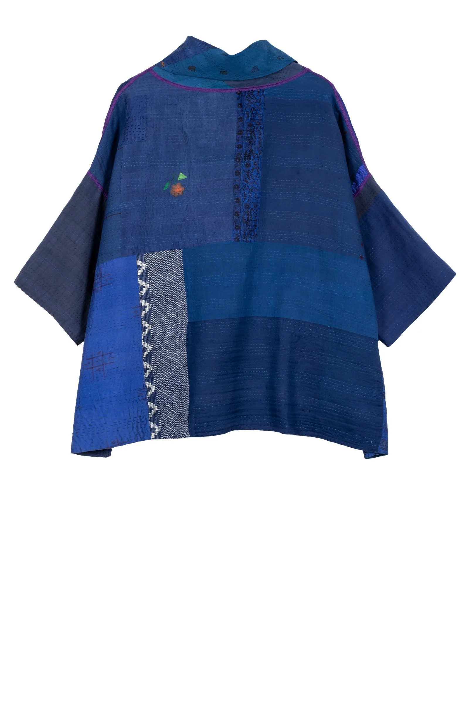 COTTON SILK SW PATCH KANTHA COWL NECK PONCHO - ws2061-blu -