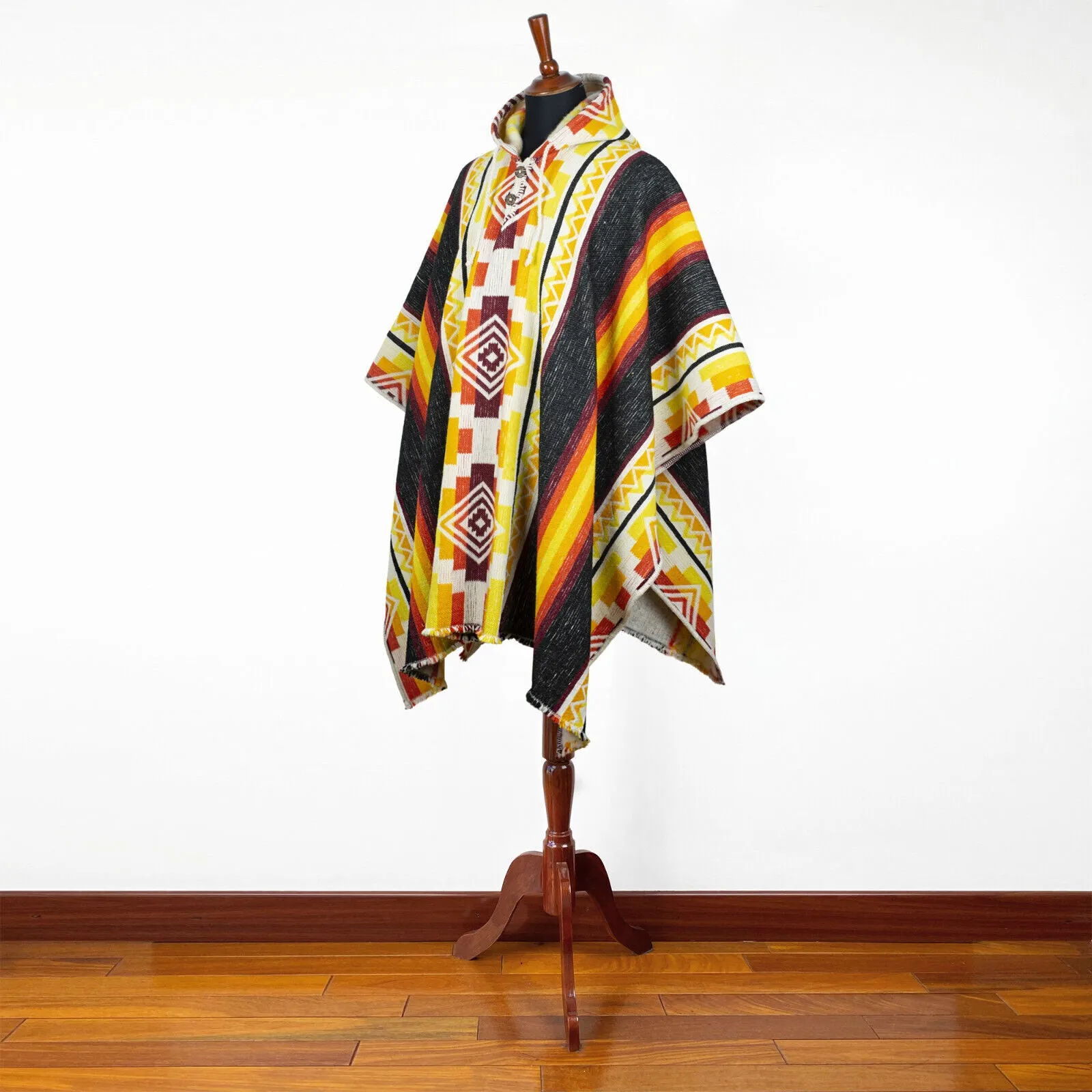 Curichanga - Llama Wool Unisex South American Handwoven Thick Hooded Poncho - Andean pattern - bright black/yellow/orange/red