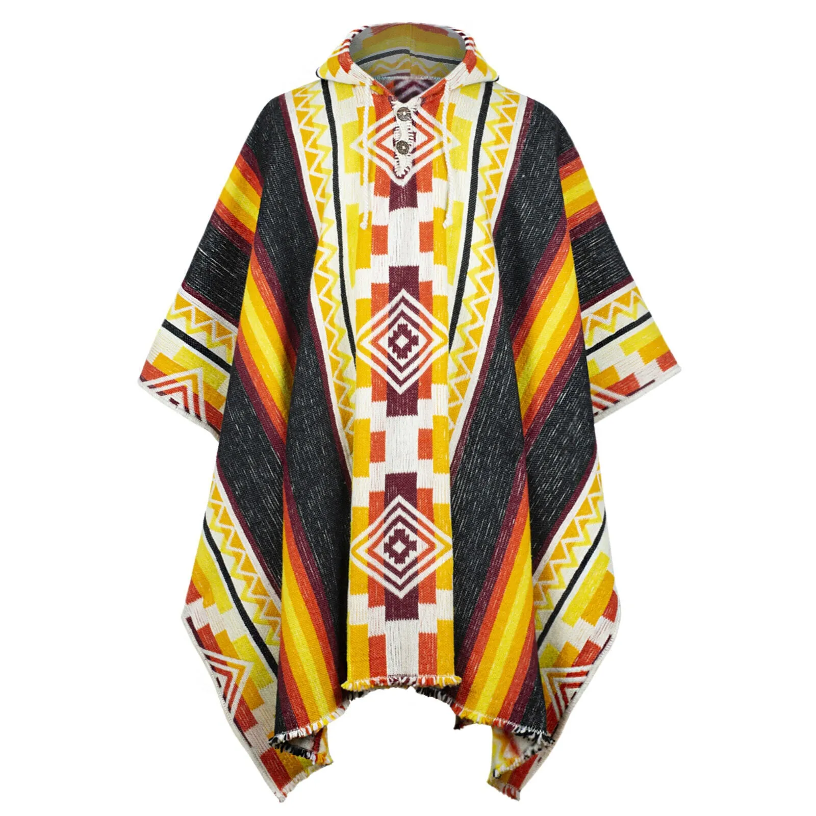 Curichanga - Llama Wool Unisex South American Handwoven Thick Hooded Poncho - Andean pattern - bright black/yellow/orange/red