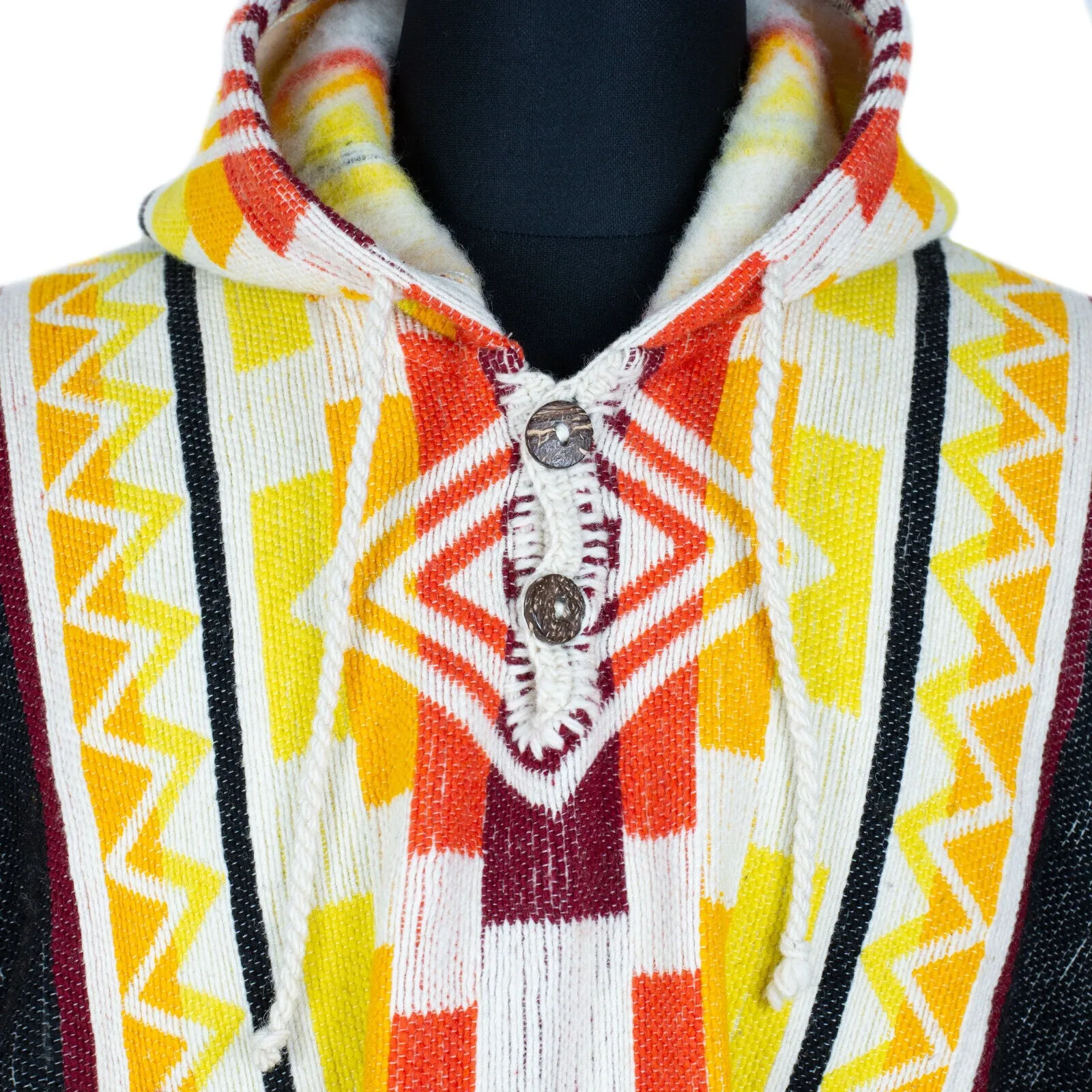 Curichanga - Llama Wool Unisex South American Handwoven Thick Hooded Poncho - Andean pattern - bright black/yellow/orange/red