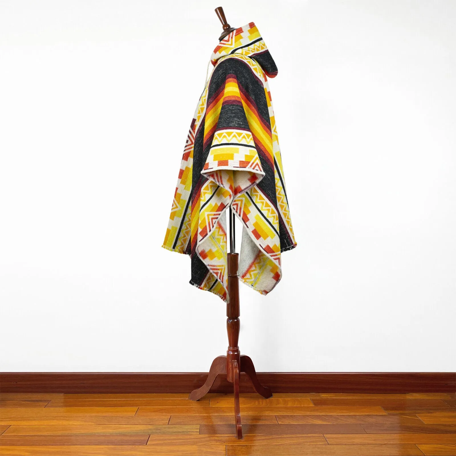 Curichanga - Llama Wool Unisex South American Handwoven Thick Hooded Poncho - Andean pattern - bright black/yellow/orange/red