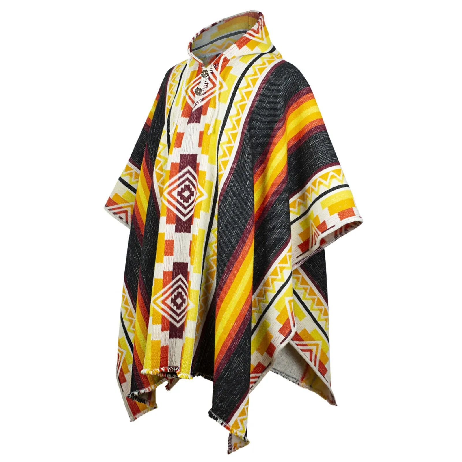 Curichanga - Llama Wool Unisex South American Handwoven Thick Hooded Poncho - Andean pattern - bright black/yellow/orange/red