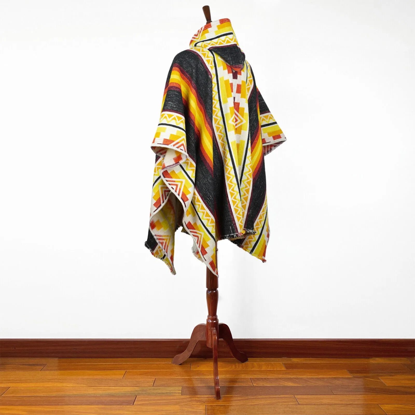 Curichanga - Llama Wool Unisex South American Handwoven Thick Hooded Poncho - Andean pattern - bright black/yellow/orange/red