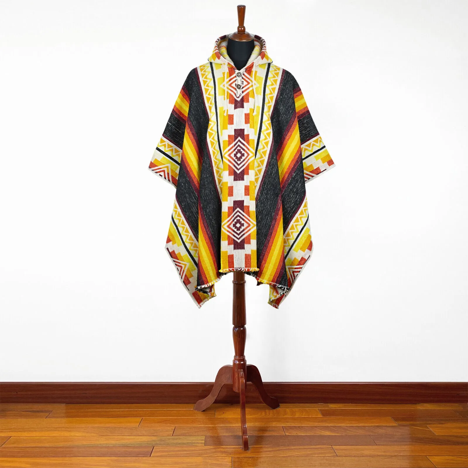 Curichanga - Llama Wool Unisex South American Handwoven Thick Hooded Poncho - Andean pattern - bright black/yellow/orange/red