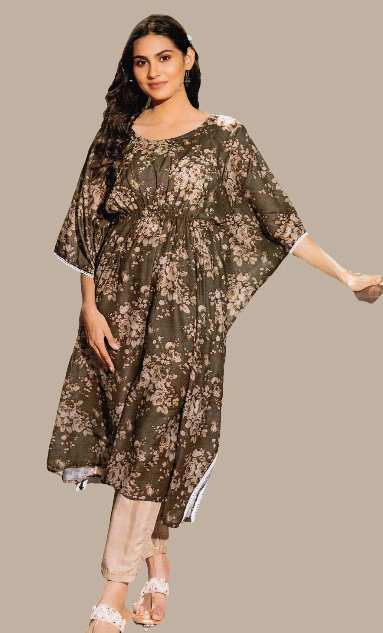 Dark Khaki Printed Poncho Set