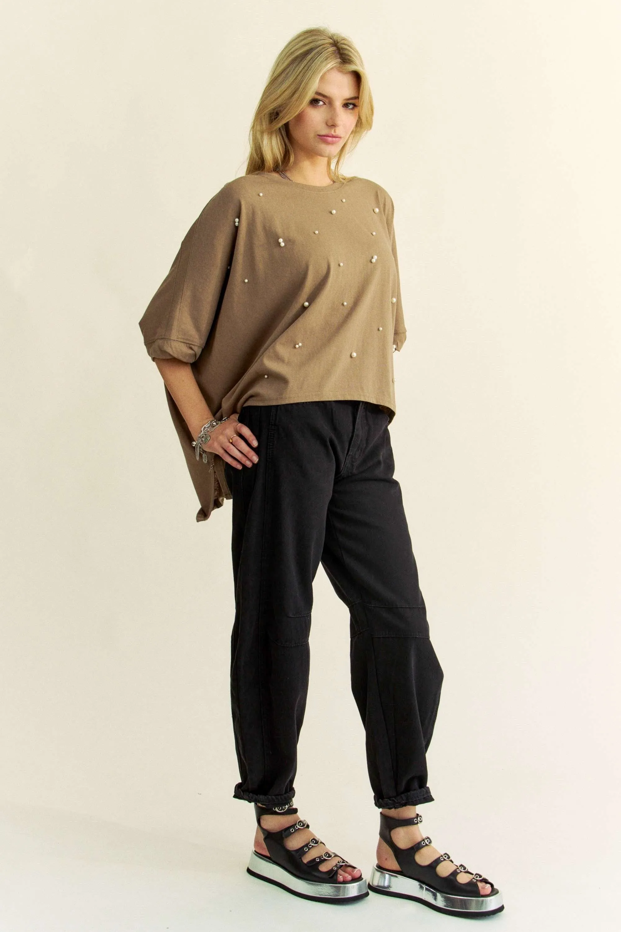 Davi & Dani OVERSIZED Solid Color Top with Pearl Embellishments in Army Green