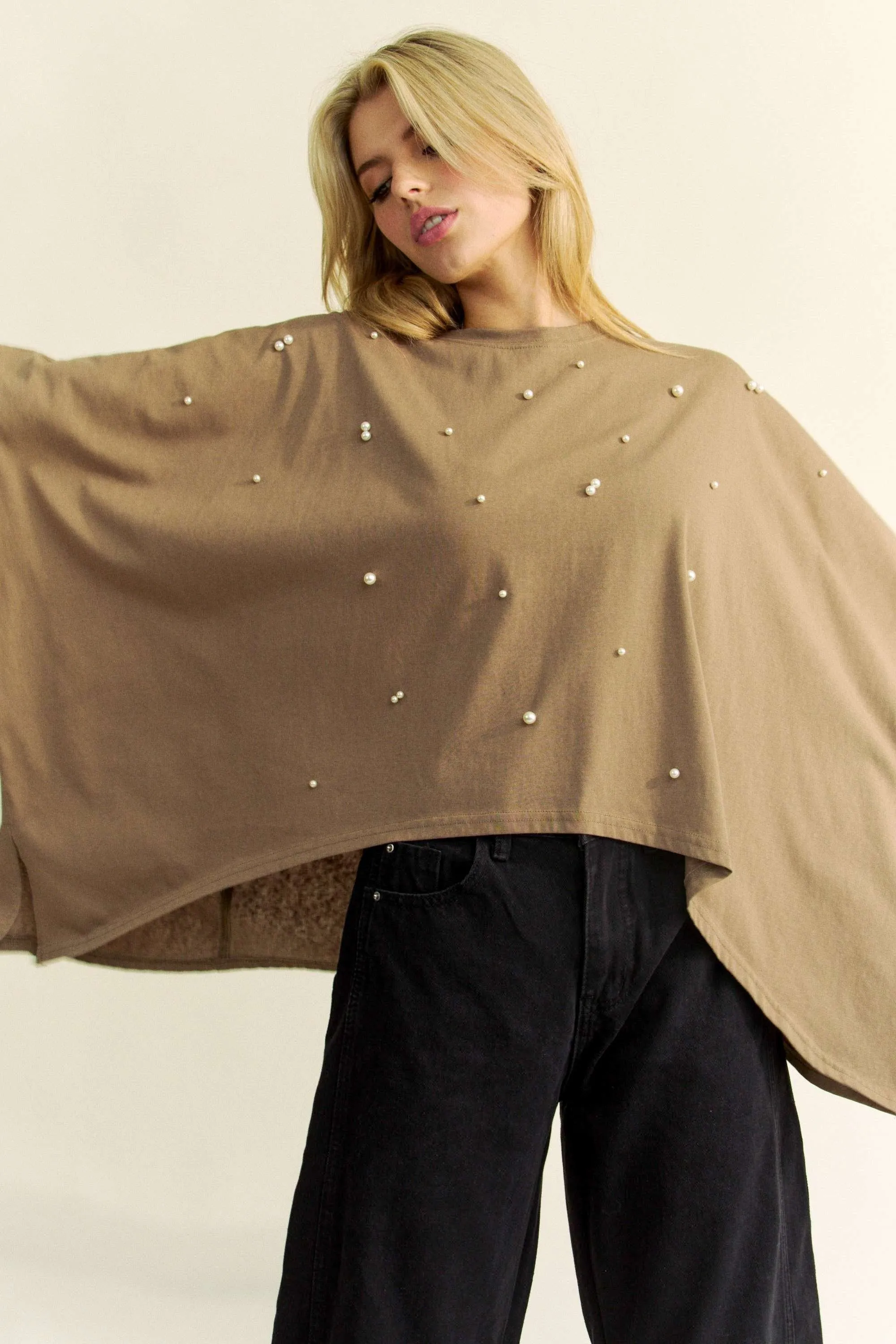 Davi & Dani OVERSIZED Solid Color Top with Pearl Embellishments in Army Green