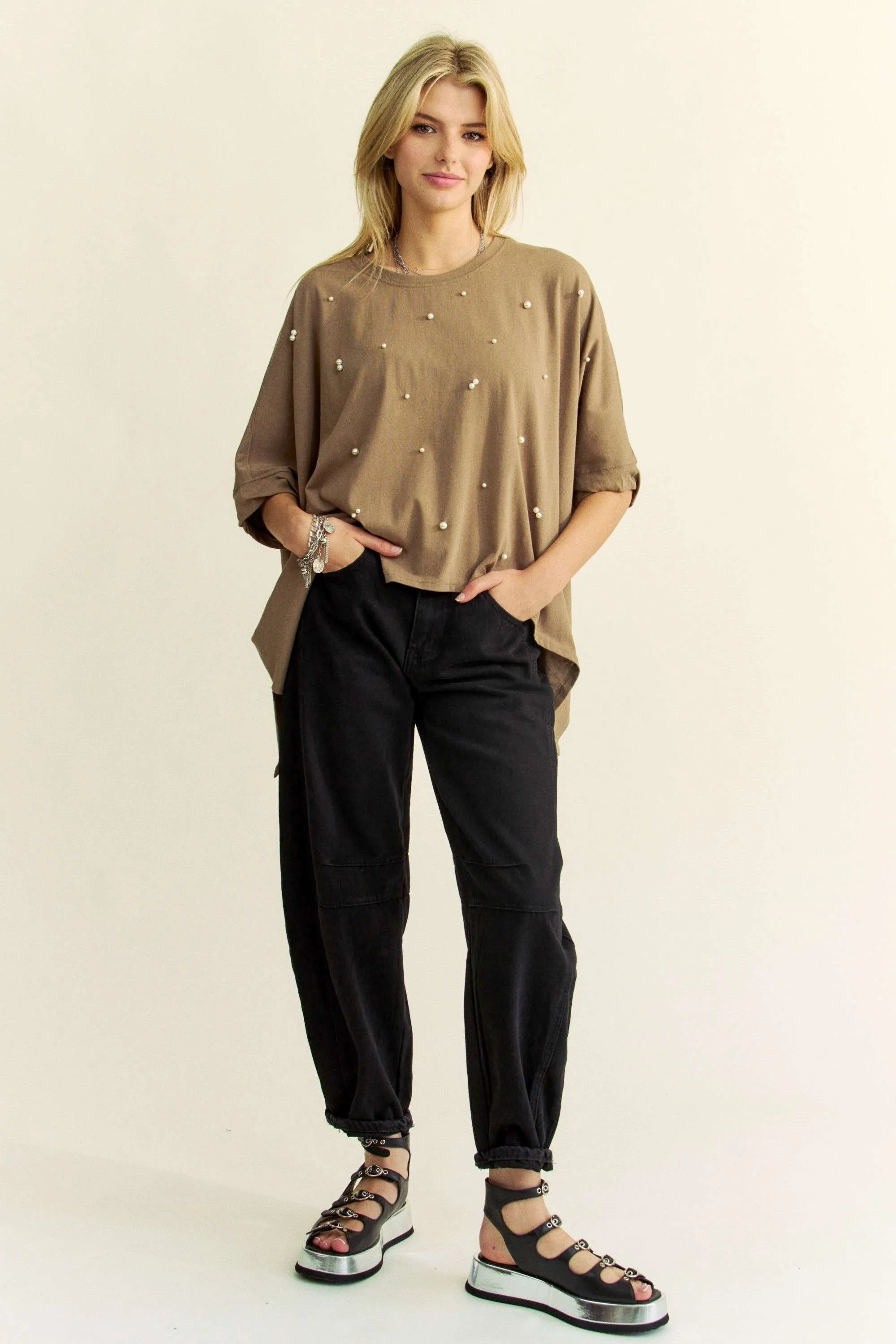 Davi & Dani OVERSIZED Solid Color Top with Pearl Embellishments in Army Green