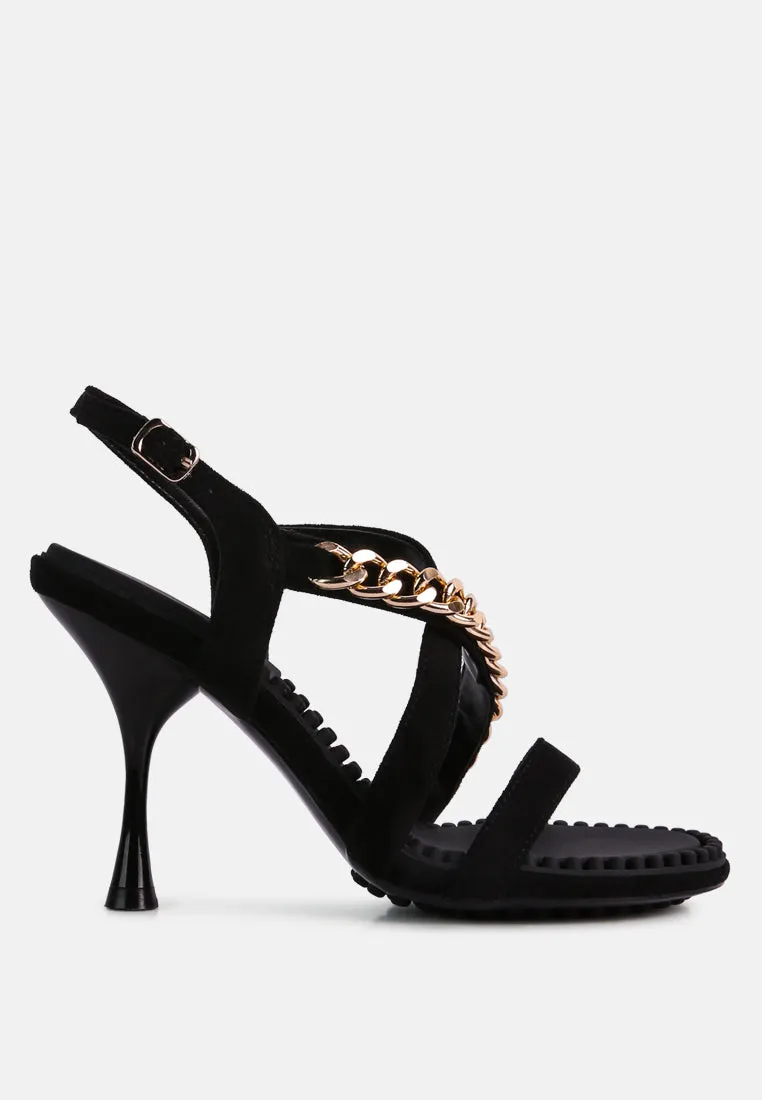 DOMEDA Black Metal Chain Embellished Sandals