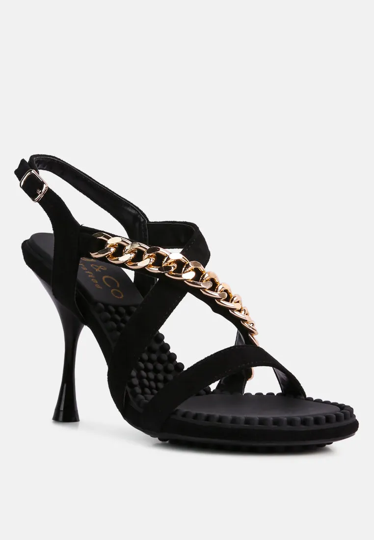 DOMEDA Black Metal Chain Embellished Sandals