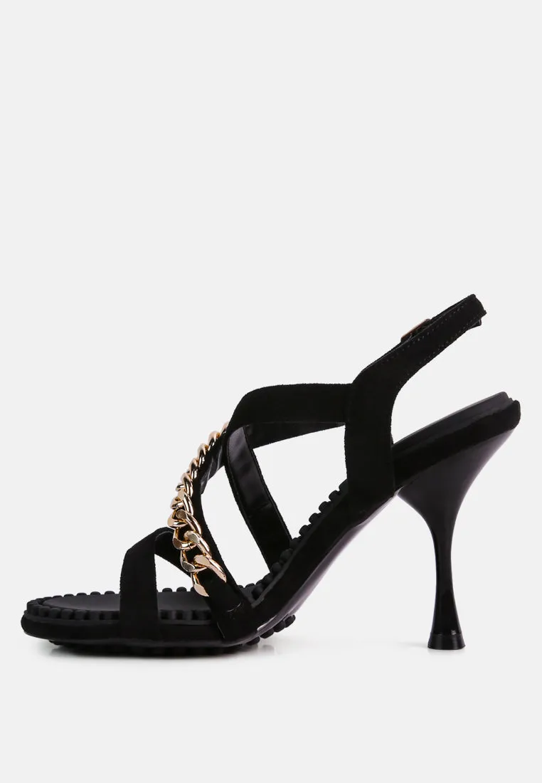 DOMEDA Black Metal Chain Embellished Sandals