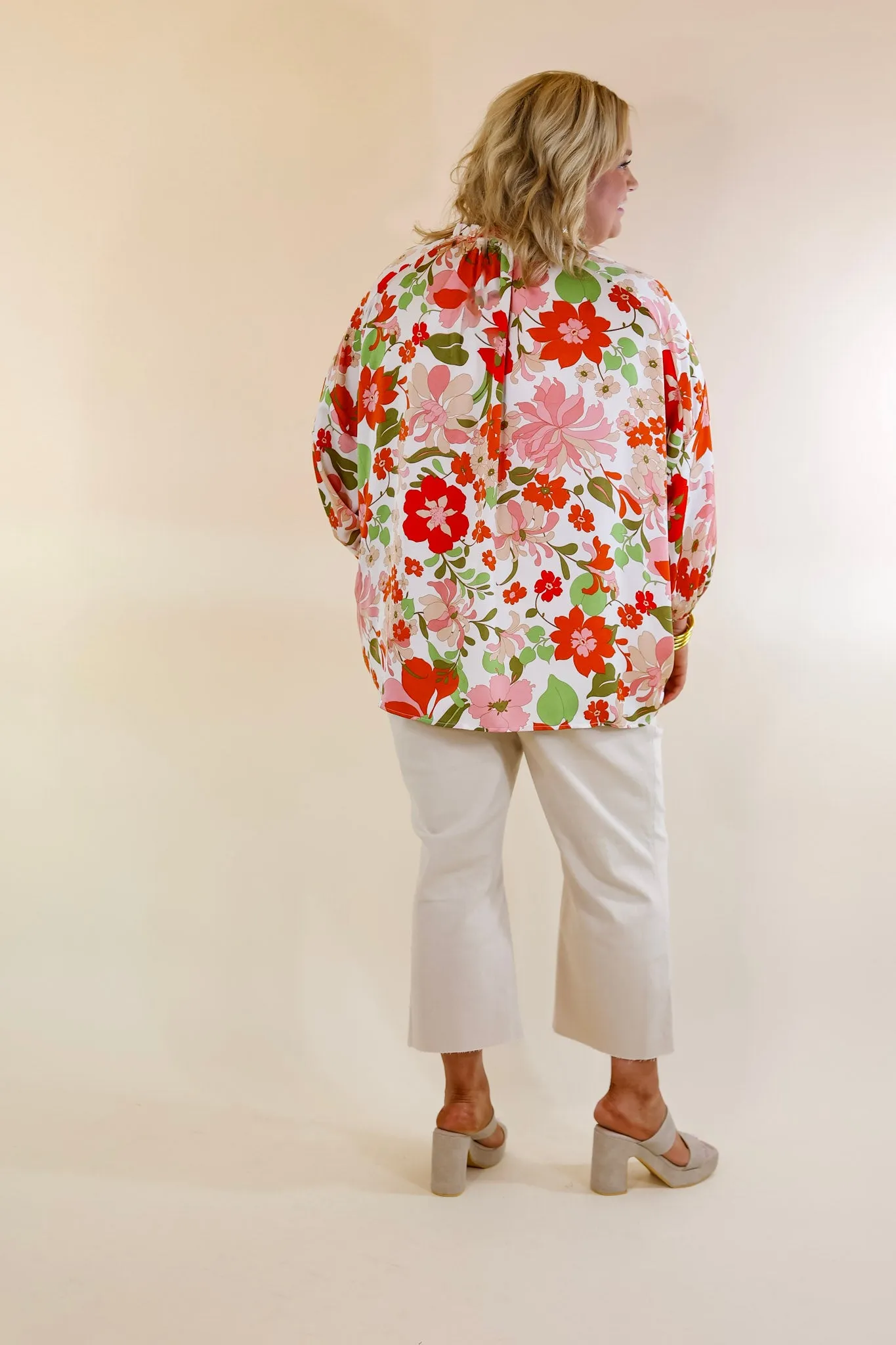 Falling For Floral 3/4 Sleeve Top with Notched Neck in White