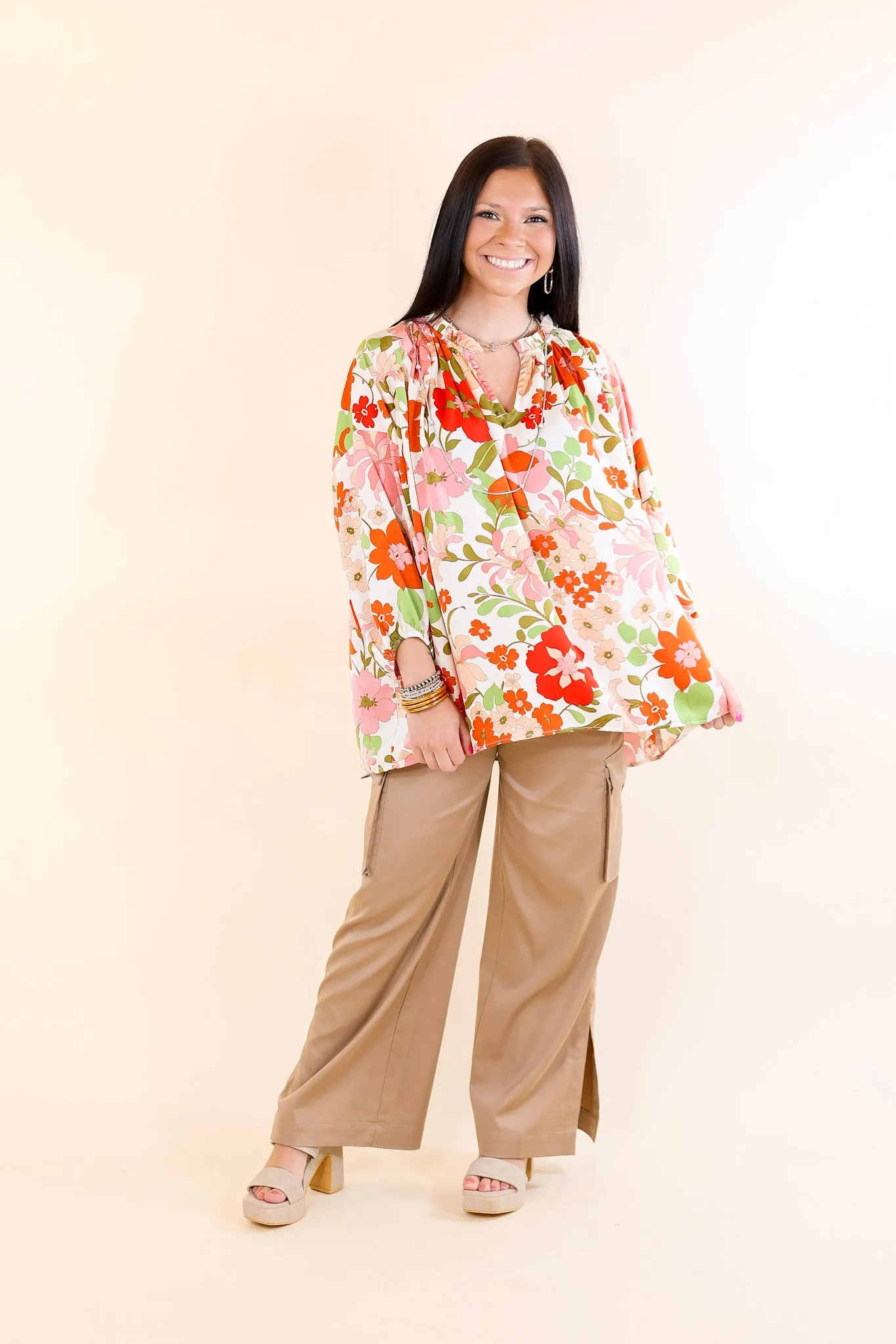 Falling For Floral 3/4 Sleeve Top with Notched Neck in White