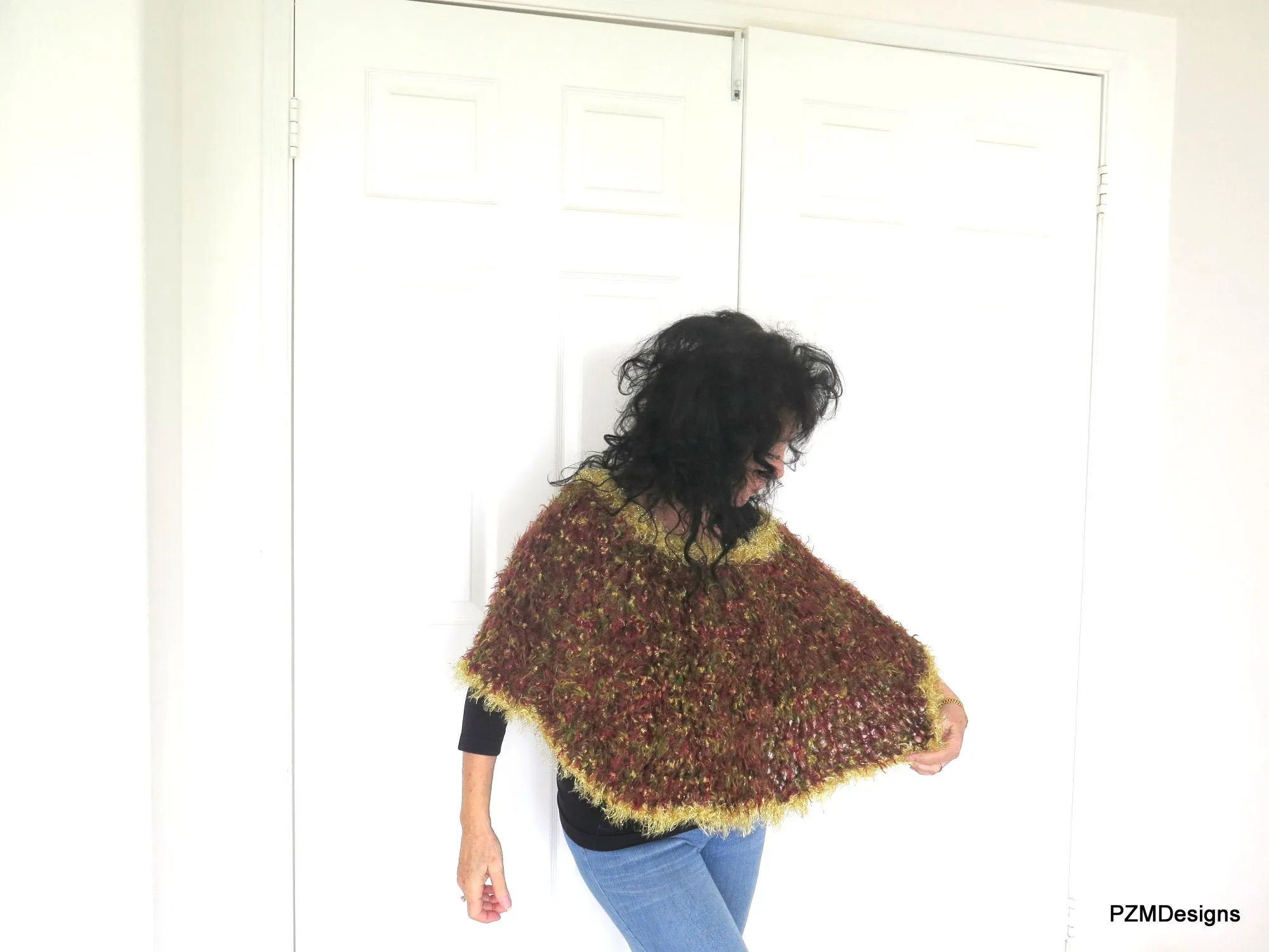 Fancy Sparkly Poncho, Brown and Gold Vegan Fur Crochet Wrap