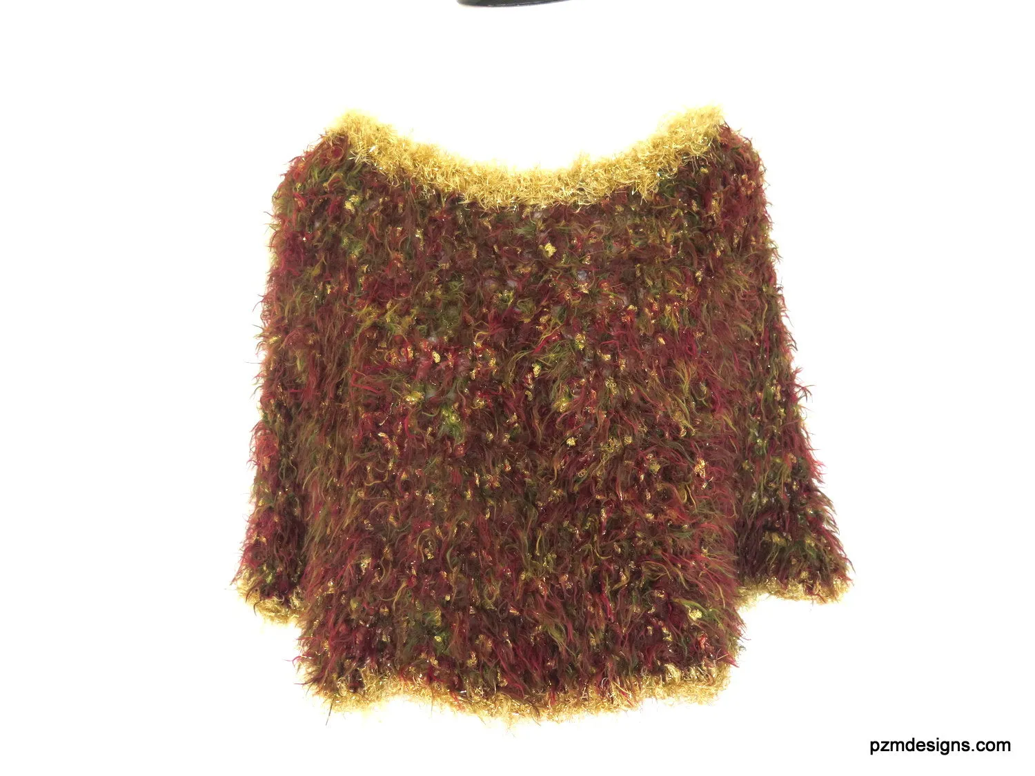 Fancy Sparkly Poncho, Brown and Gold Vegan Fur Crochet Wrap