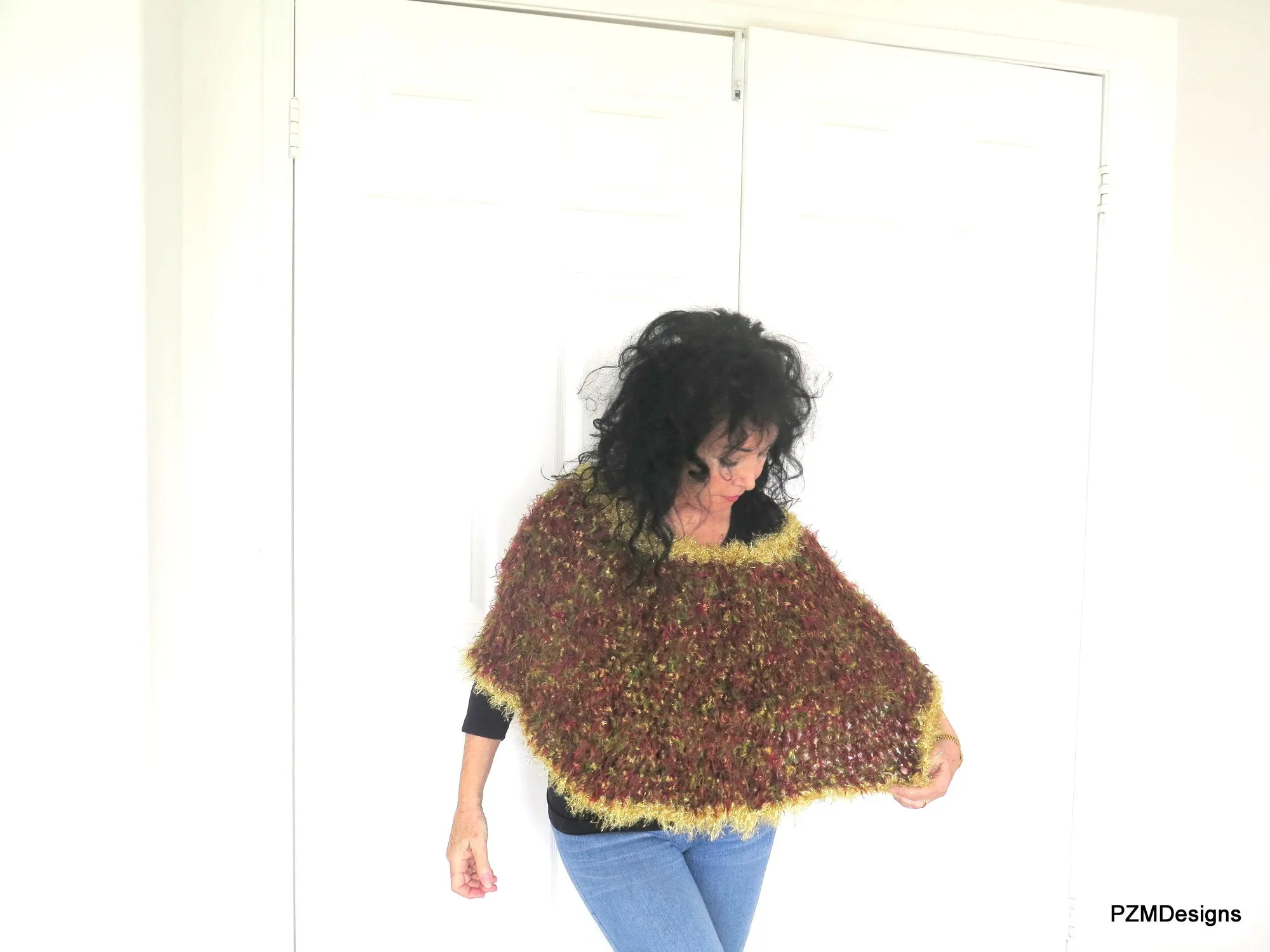 Fancy Sparkly Poncho, Brown and Gold Vegan Fur Crochet Wrap