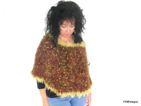 Fancy Sparkly Poncho, Brown and Gold Vegan Fur Crochet Wrap