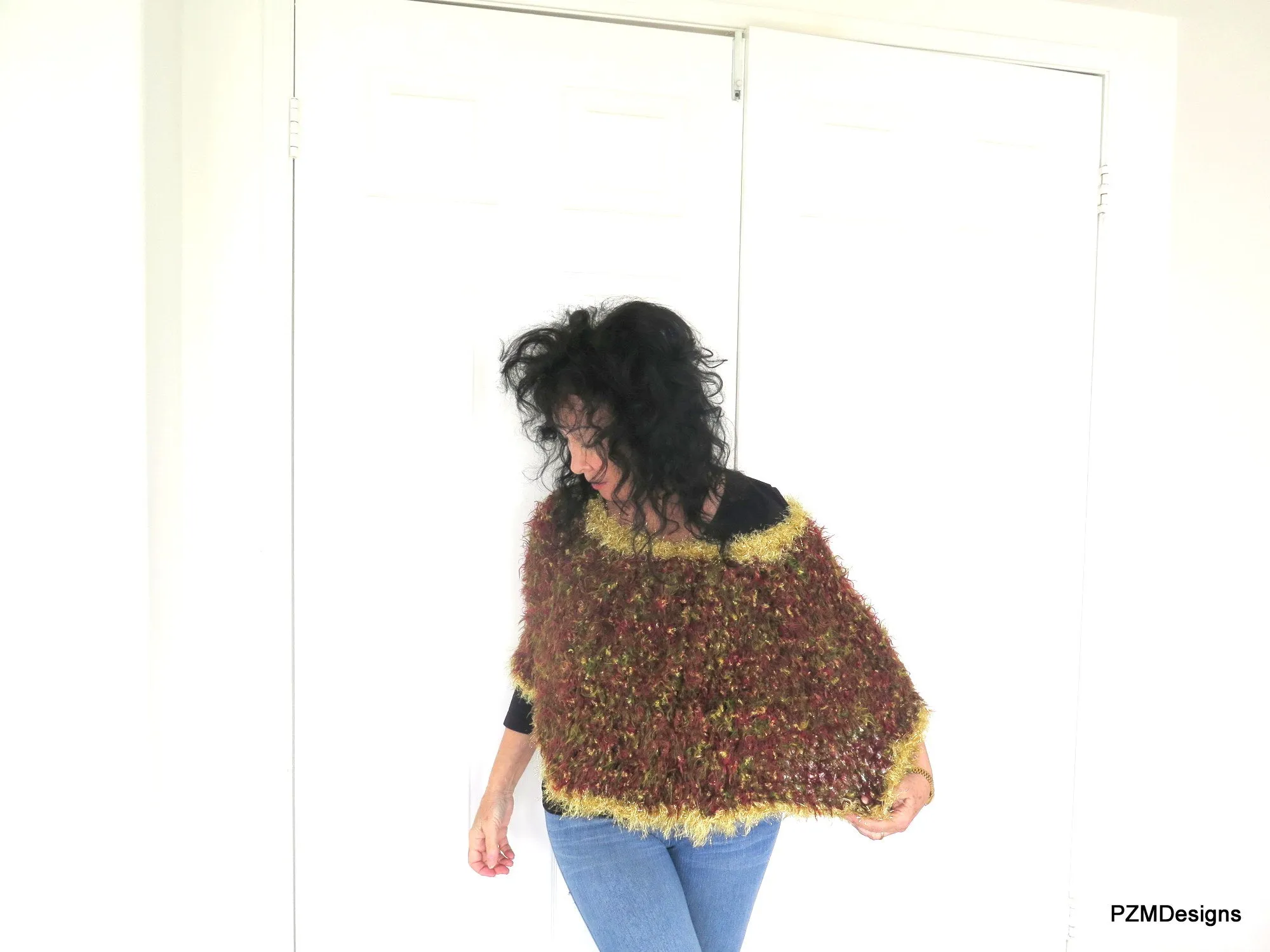 Fancy Sparkly Poncho, Brown and Gold Vegan Fur Crochet Wrap