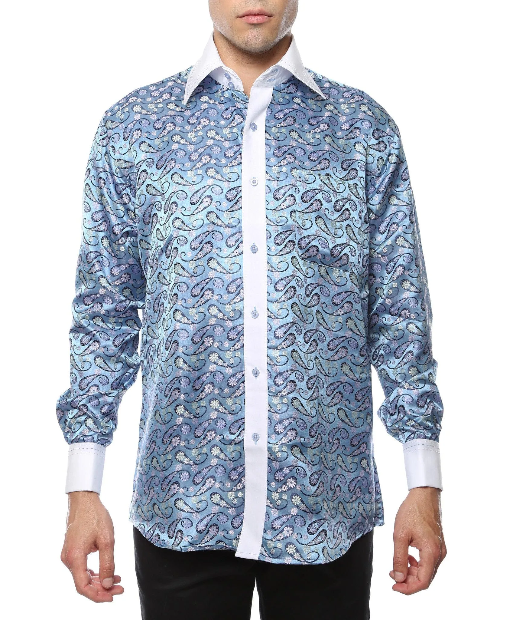 Ferrecci Men's Satine Hi-1029 White & Blue Flower Pattern Button Down Dress Shirt