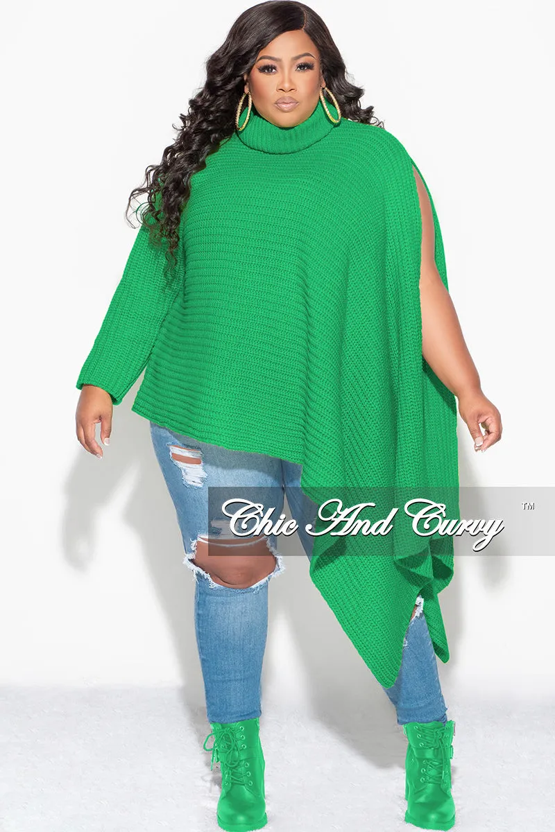 Final Sale Plus Size One Shoulder Turtleneck Poncho in Kelly Green